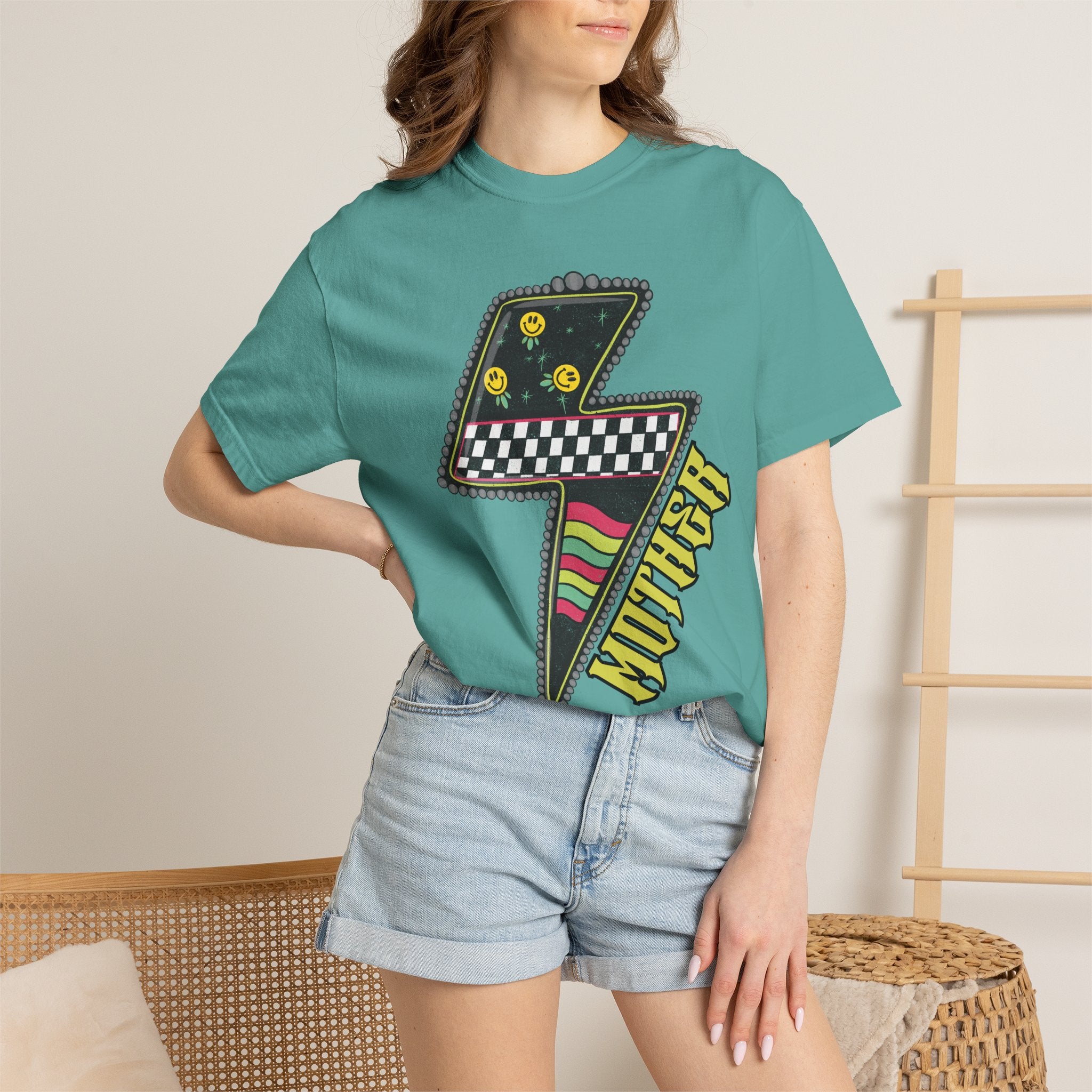 Lightning Bolt Graphic T‑Shirt — Retro Checker & 'Mother' Streetwear Tee