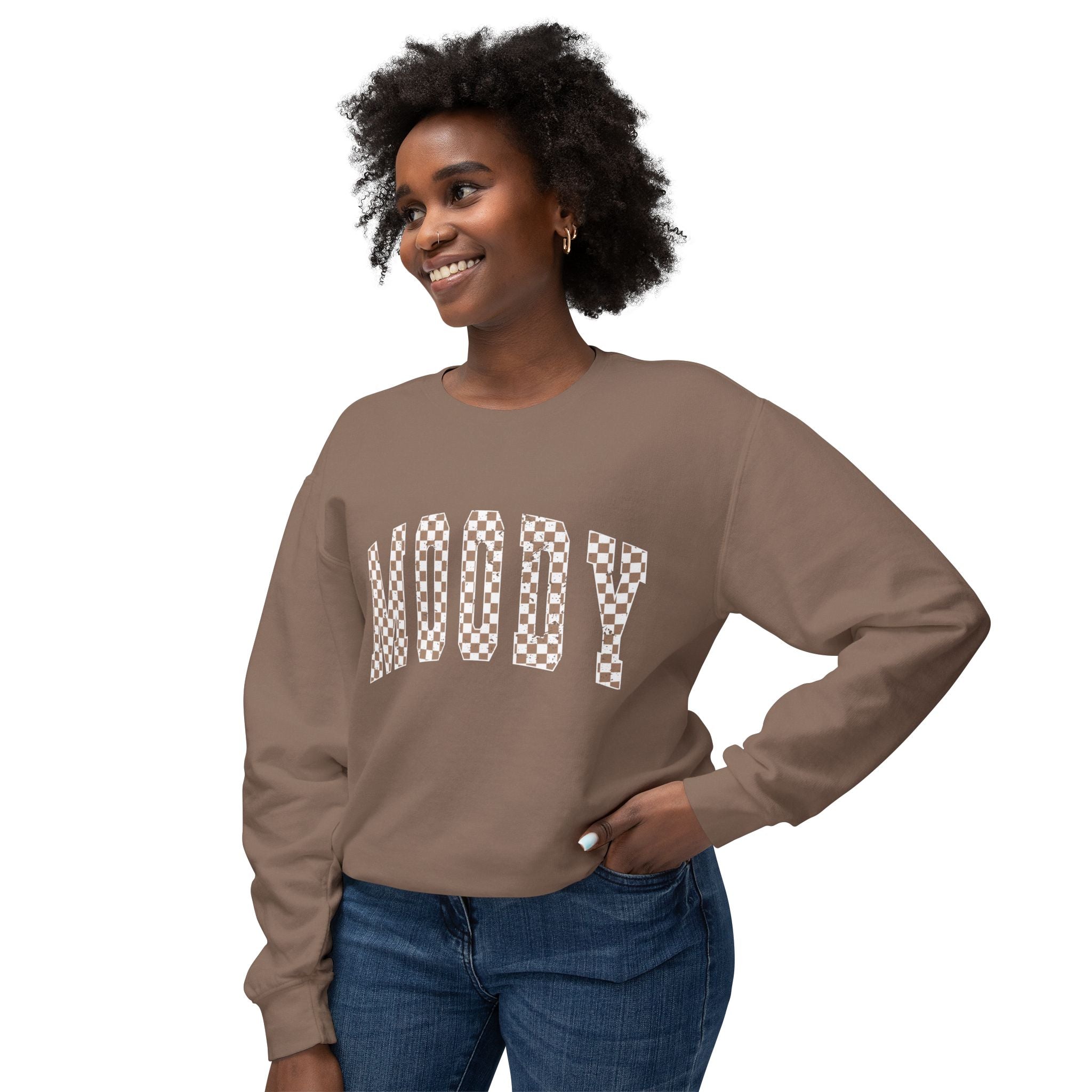Woody Checkerboard Crewneck Sweatshirt — Peach Graphic Pullover