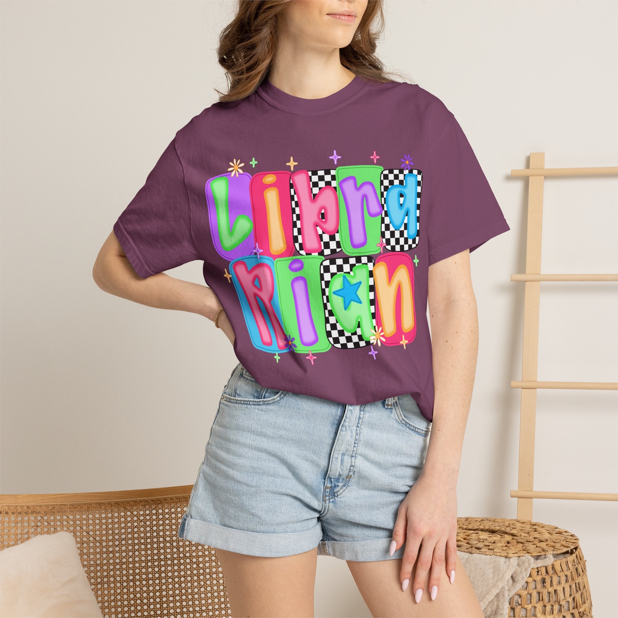 Librarian Retro Bubble Letter T-Shirt — Colorful Checkerboard Book Lover Tee