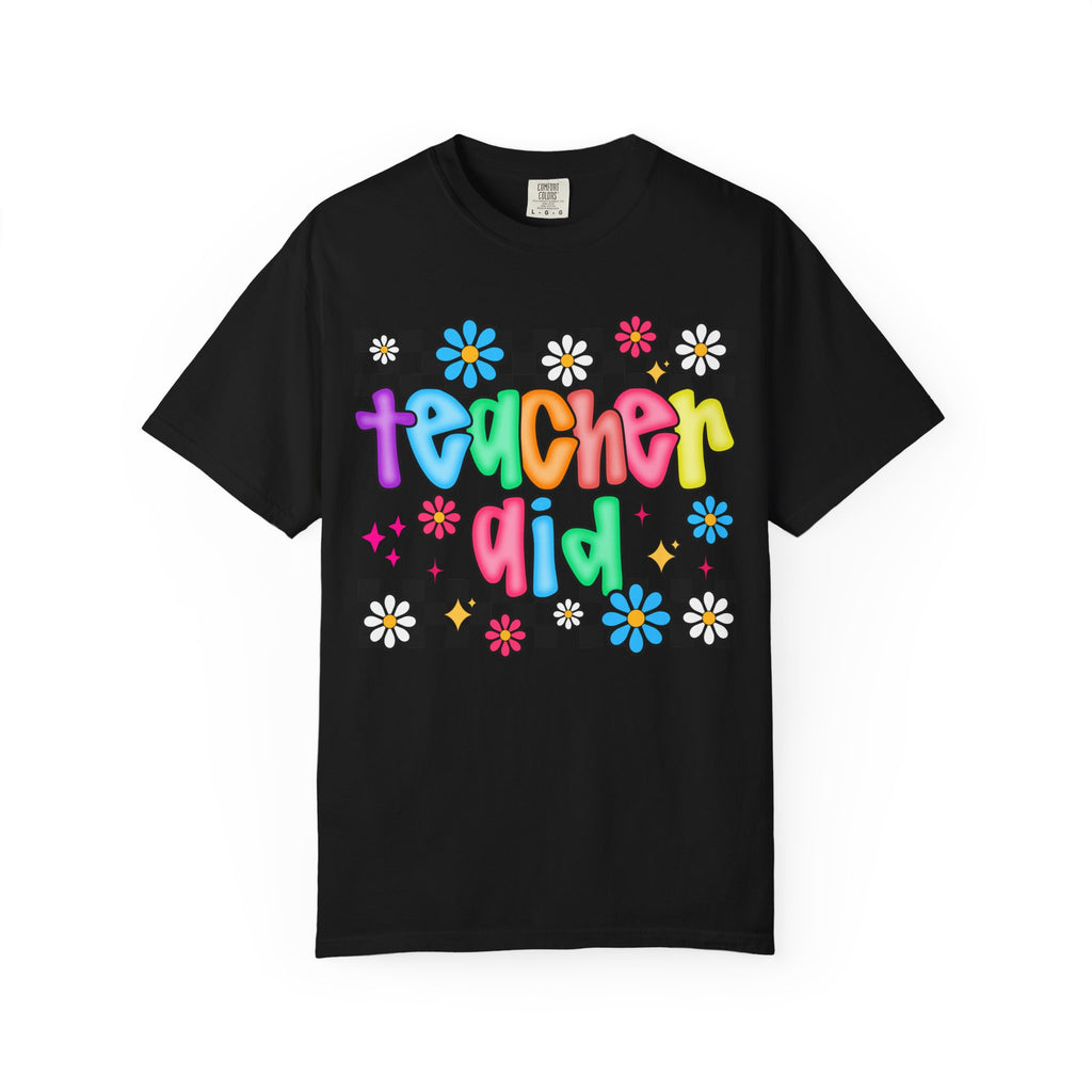 Teacher Aid T-Shirt — Colorful Retro Flower Checkerboard Design