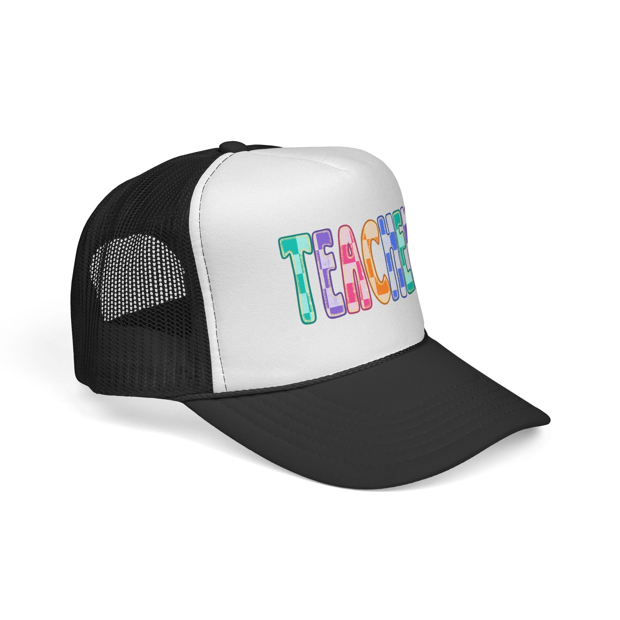 Teacher Trucker Hat — Colorful Patchwork Educator Cap