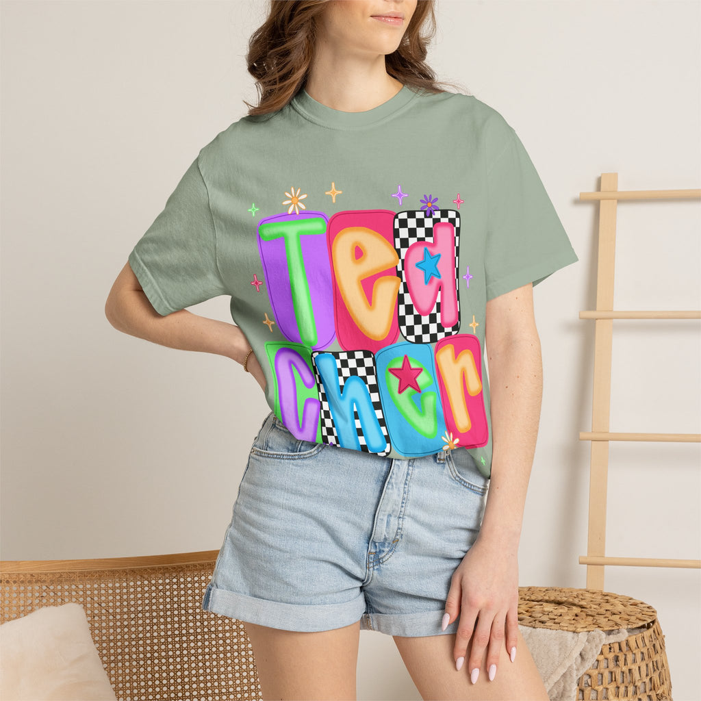 Teacher Retro Bubble Letter T-Shirt — Colorful Checkerboard & Star Teacher Shirt