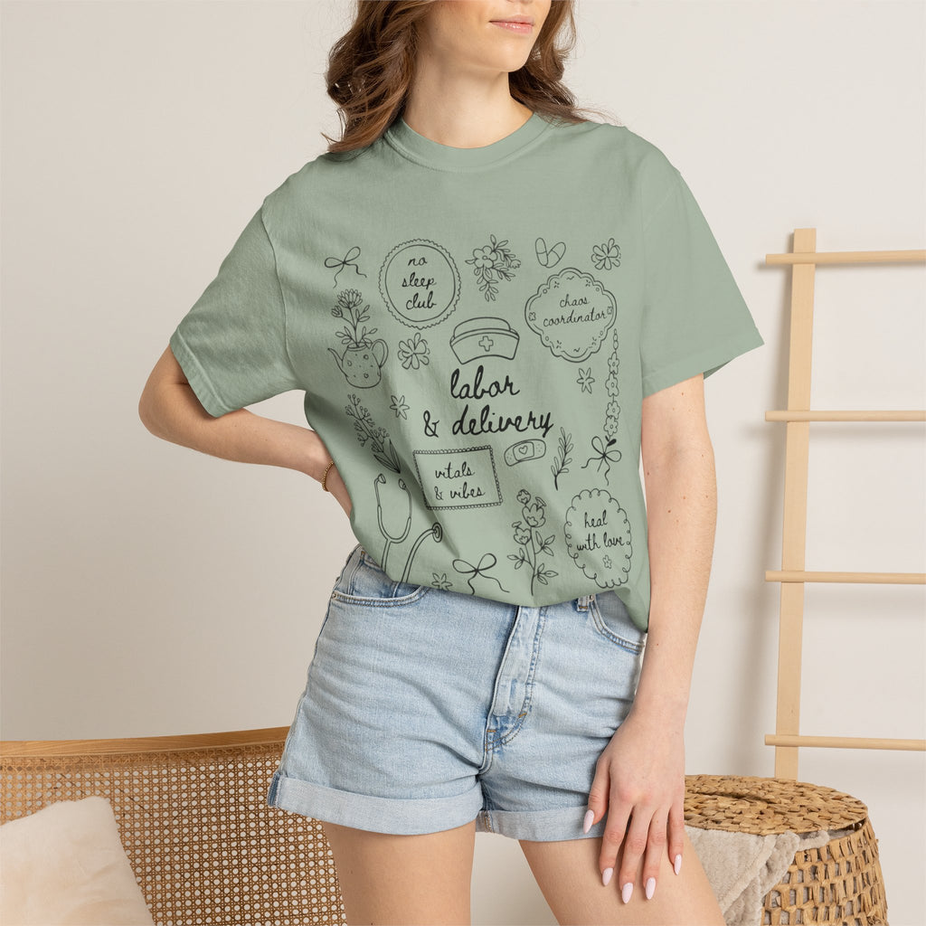 Nurse & Delivery Doodles T-Shirt — Hand-Drawn Medical Appreciation Tee