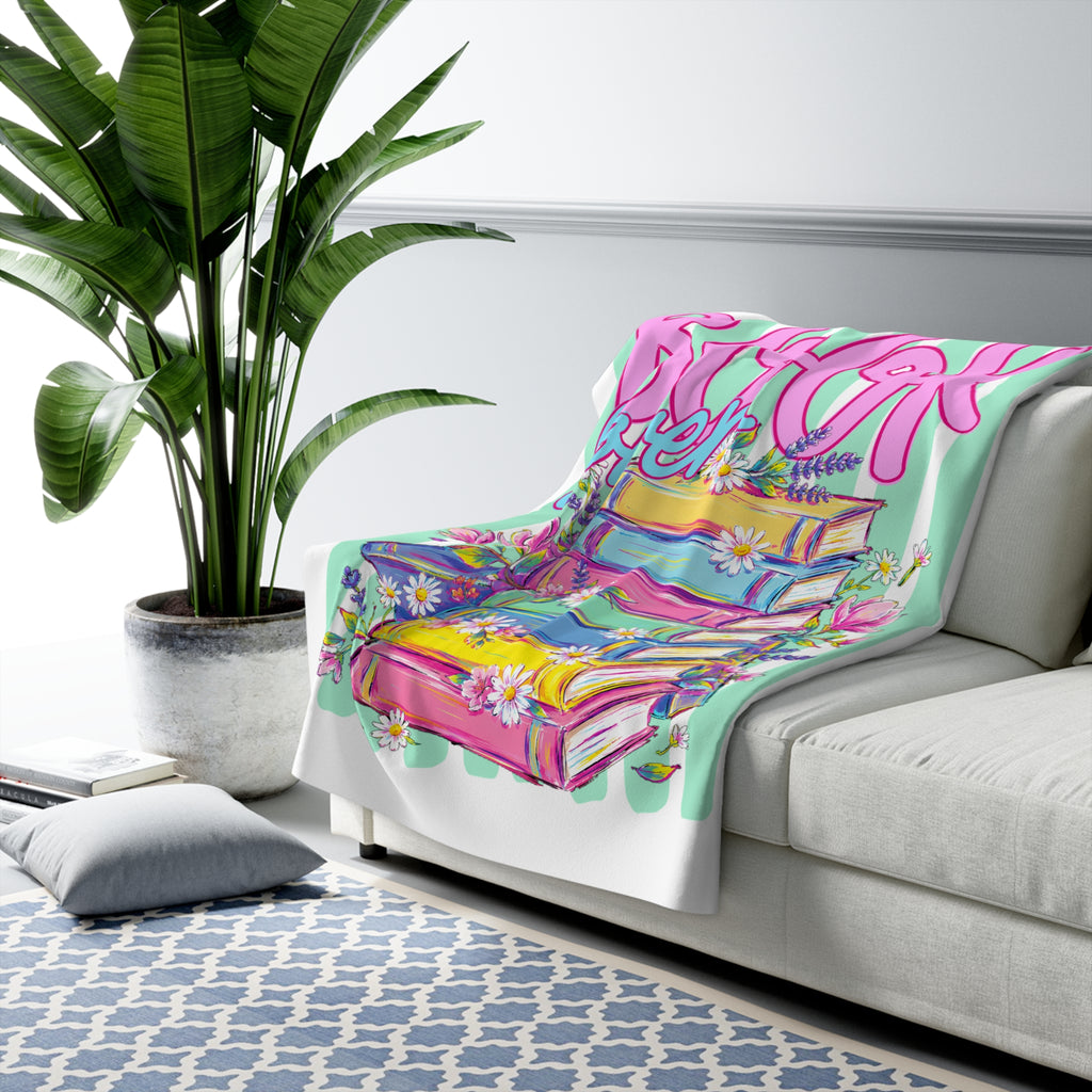 Book Lover Sherpa Blanket — Colorful Stacked Books & Floral Cozy Throw