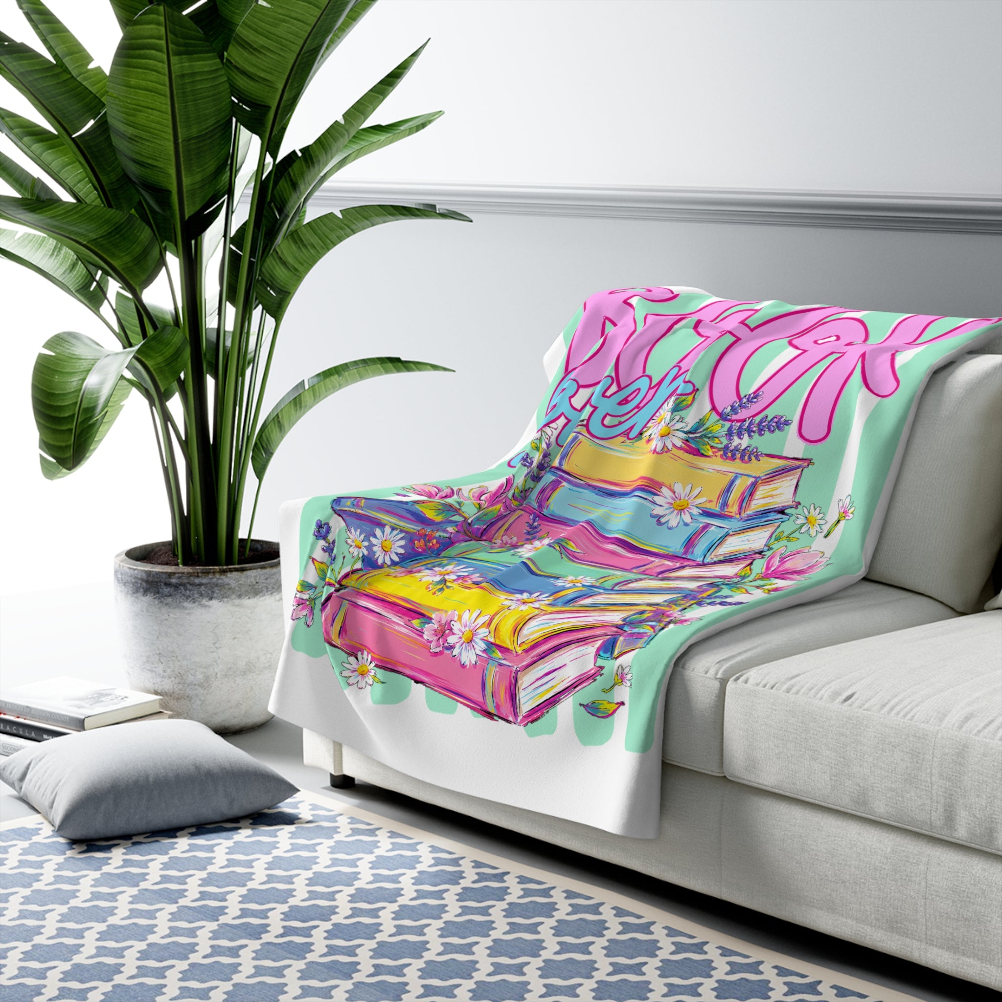 Book Lover Sherpa Blanket — Colorful Stacked Books & Floral Cozy Throw