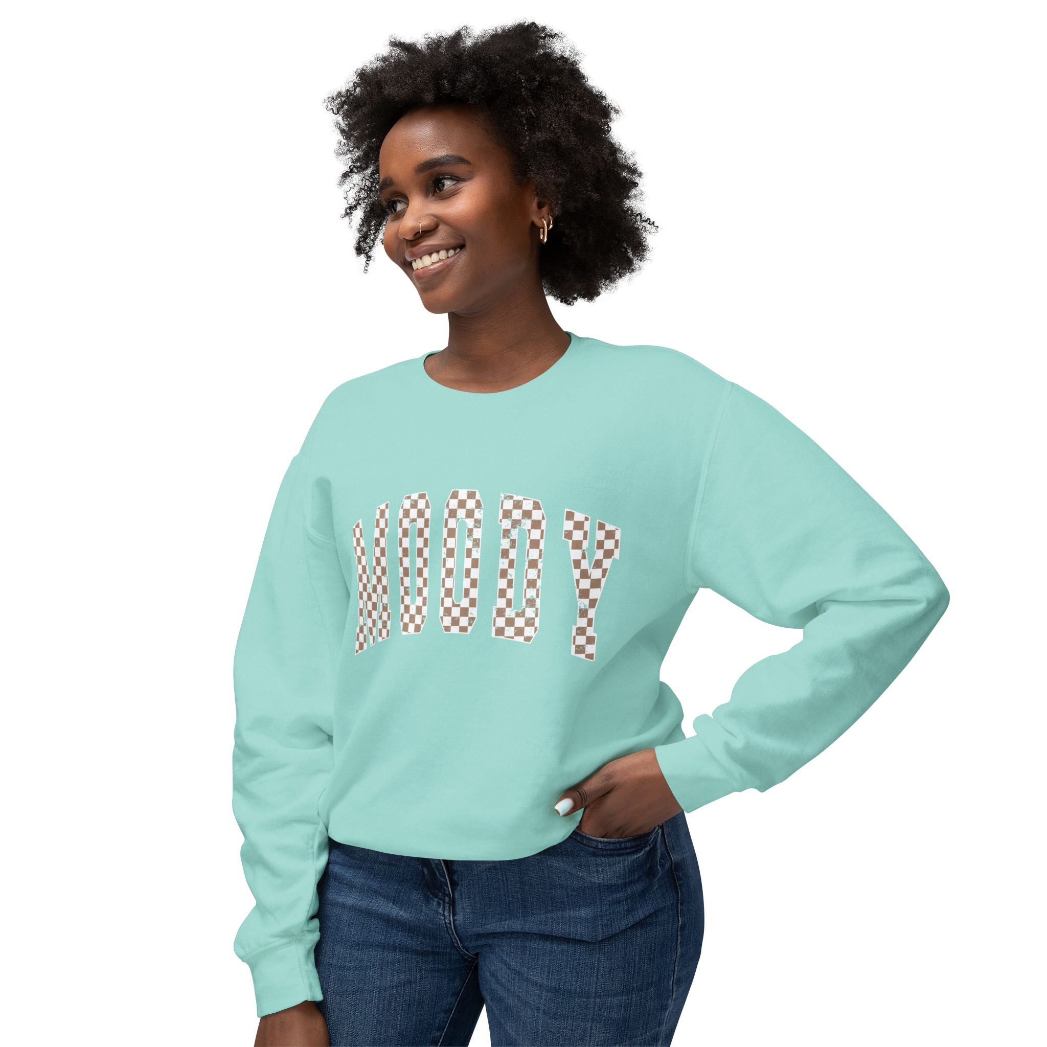 Woody Checkerboard Crewneck Sweatshirt — Peach Graphic Pullover