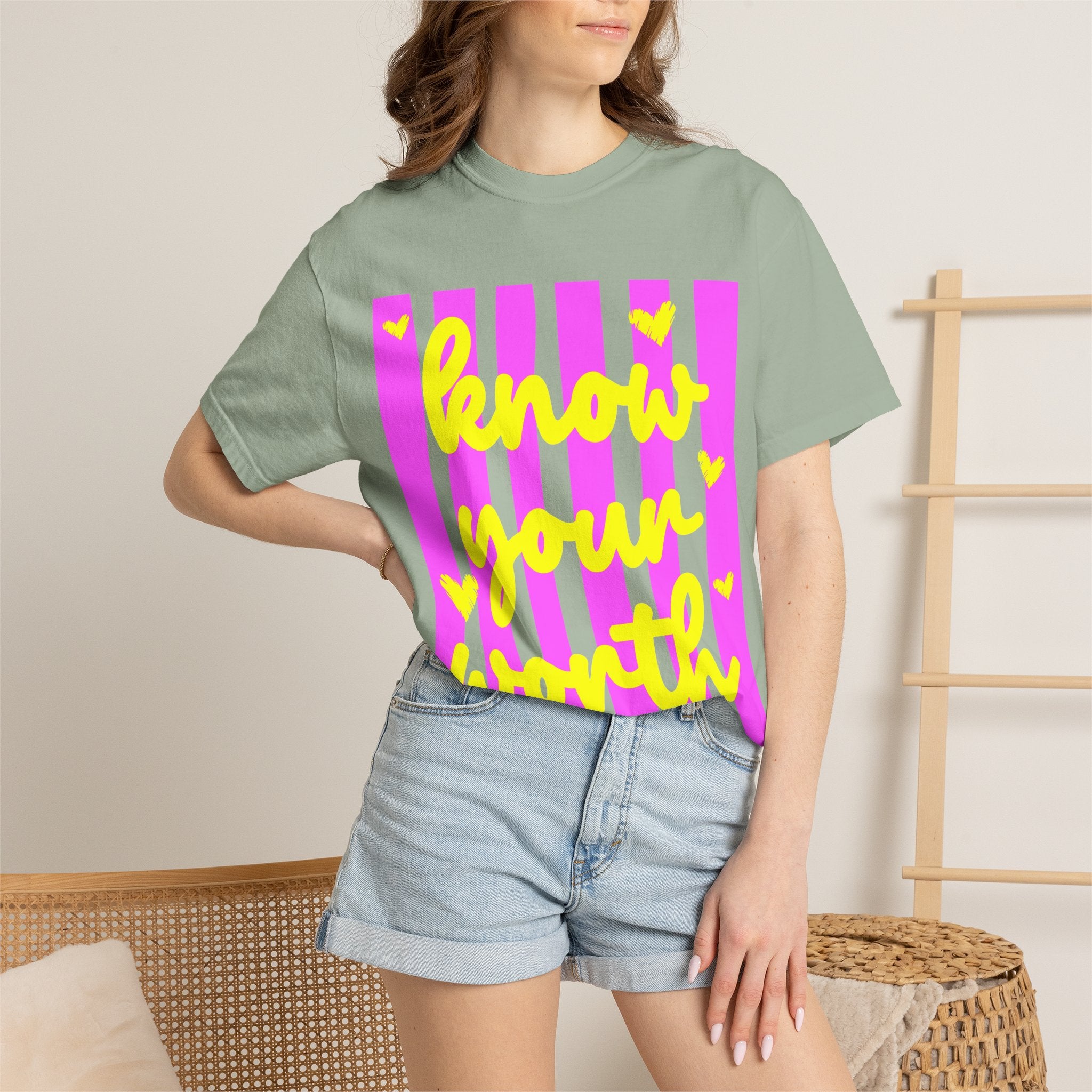 Know Your Worth T-Shirt — Bright Pink Stripe Motivational Tee