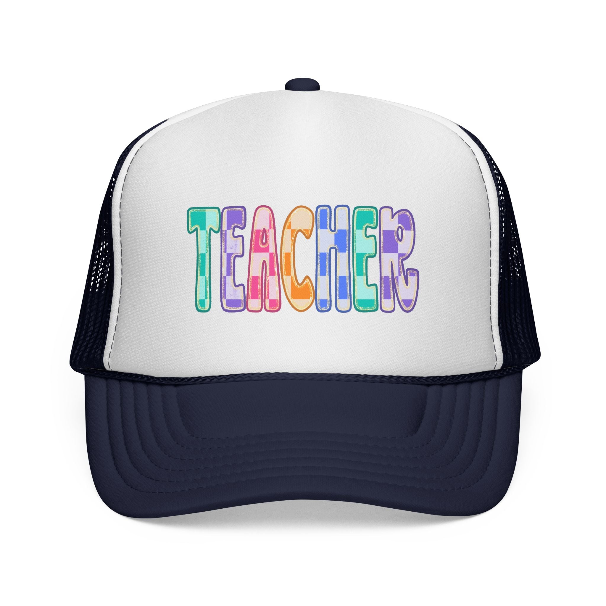 Teacher Trucker Hat — Colorful Patchwork Educator Cap