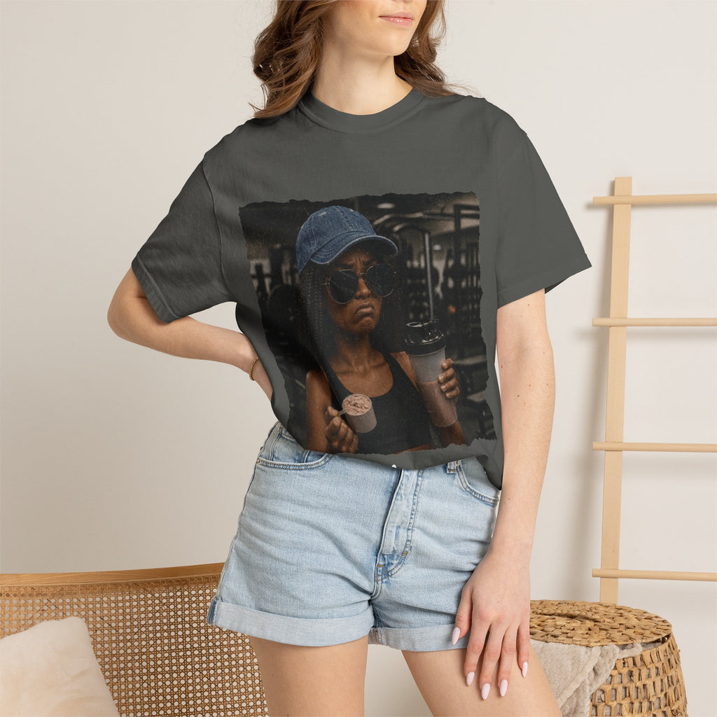 Photo Crop Tee — Woman Wearing Cap & Sunglasses Holding Coffee