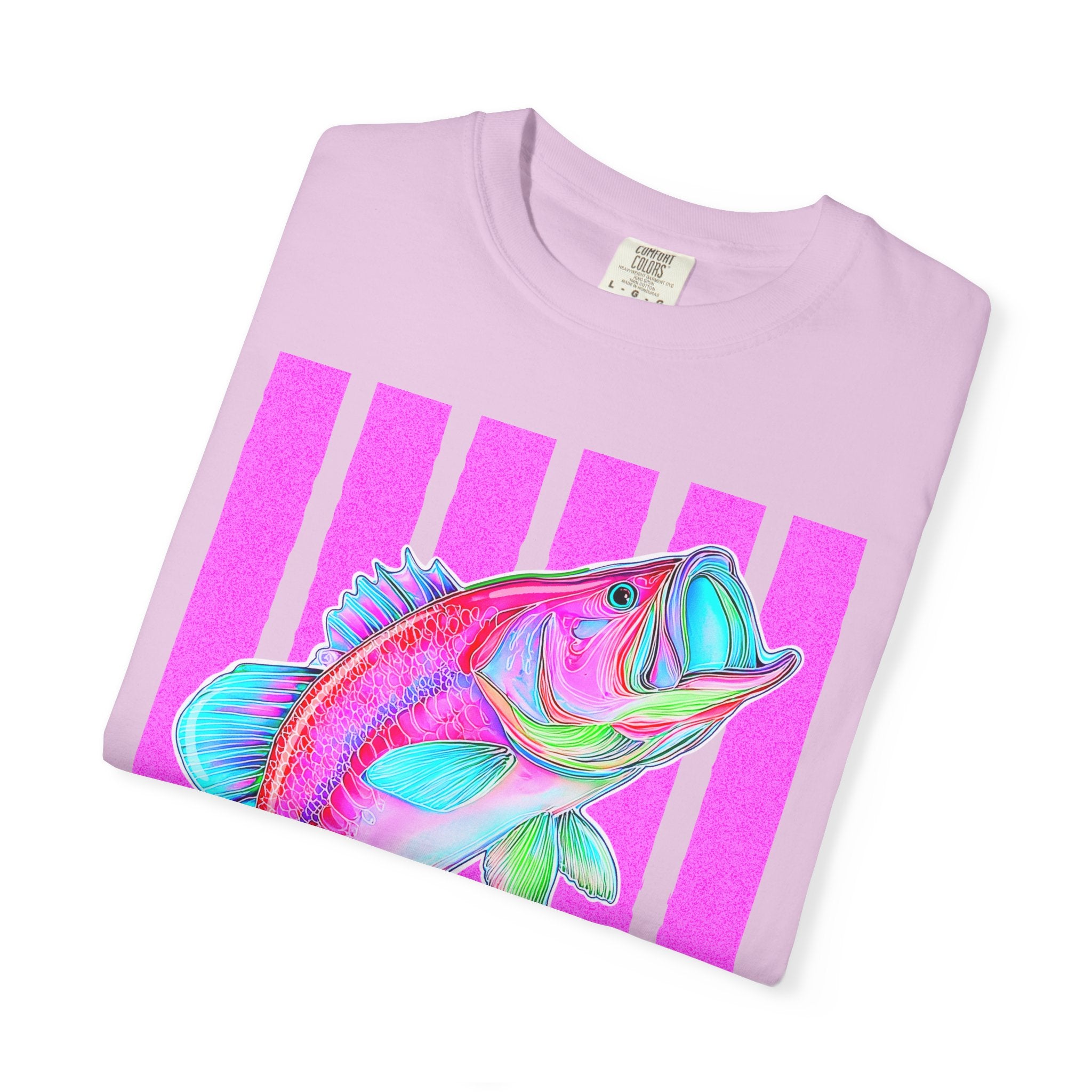 Neon Bass Fish T-Shirt — Retro Pink Stripe Fishing Tee