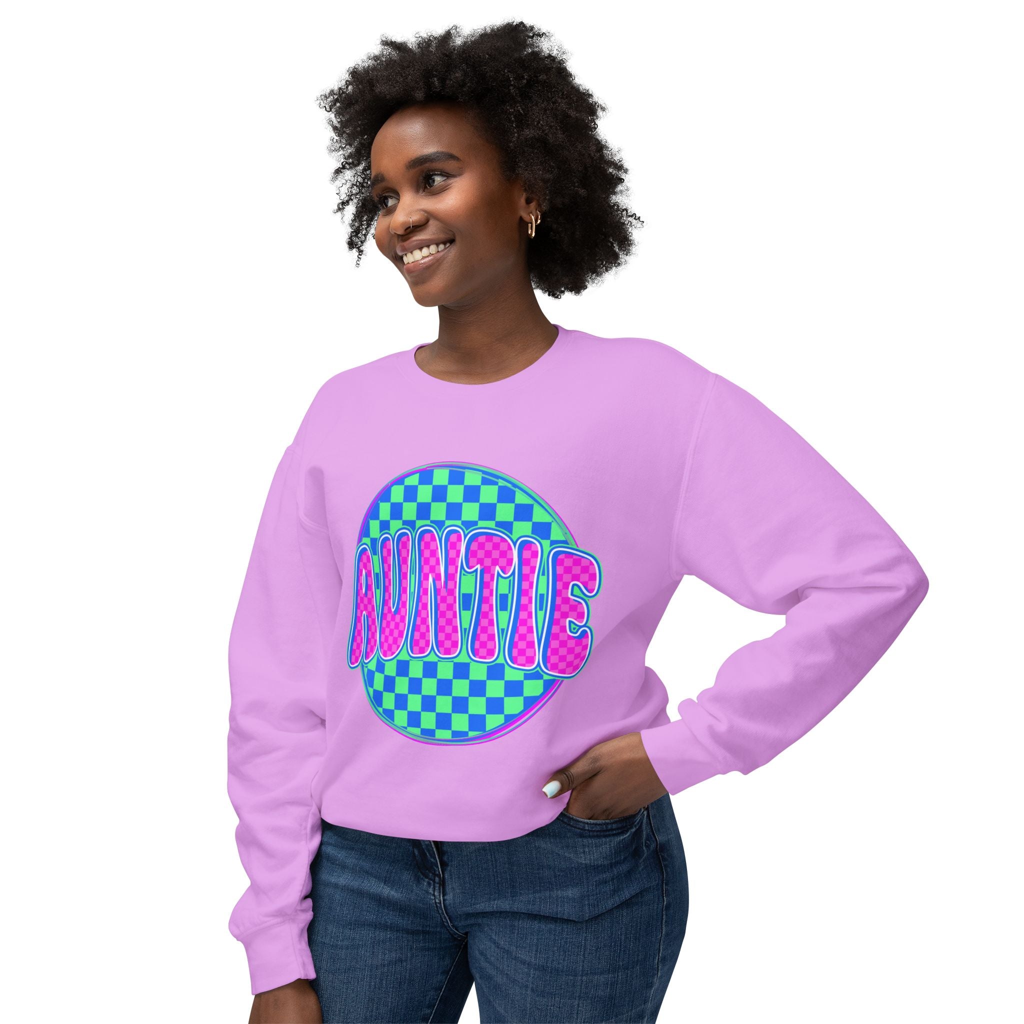 Auntie Graphic Sweatshirt — Retro Checkerboard Neon Design