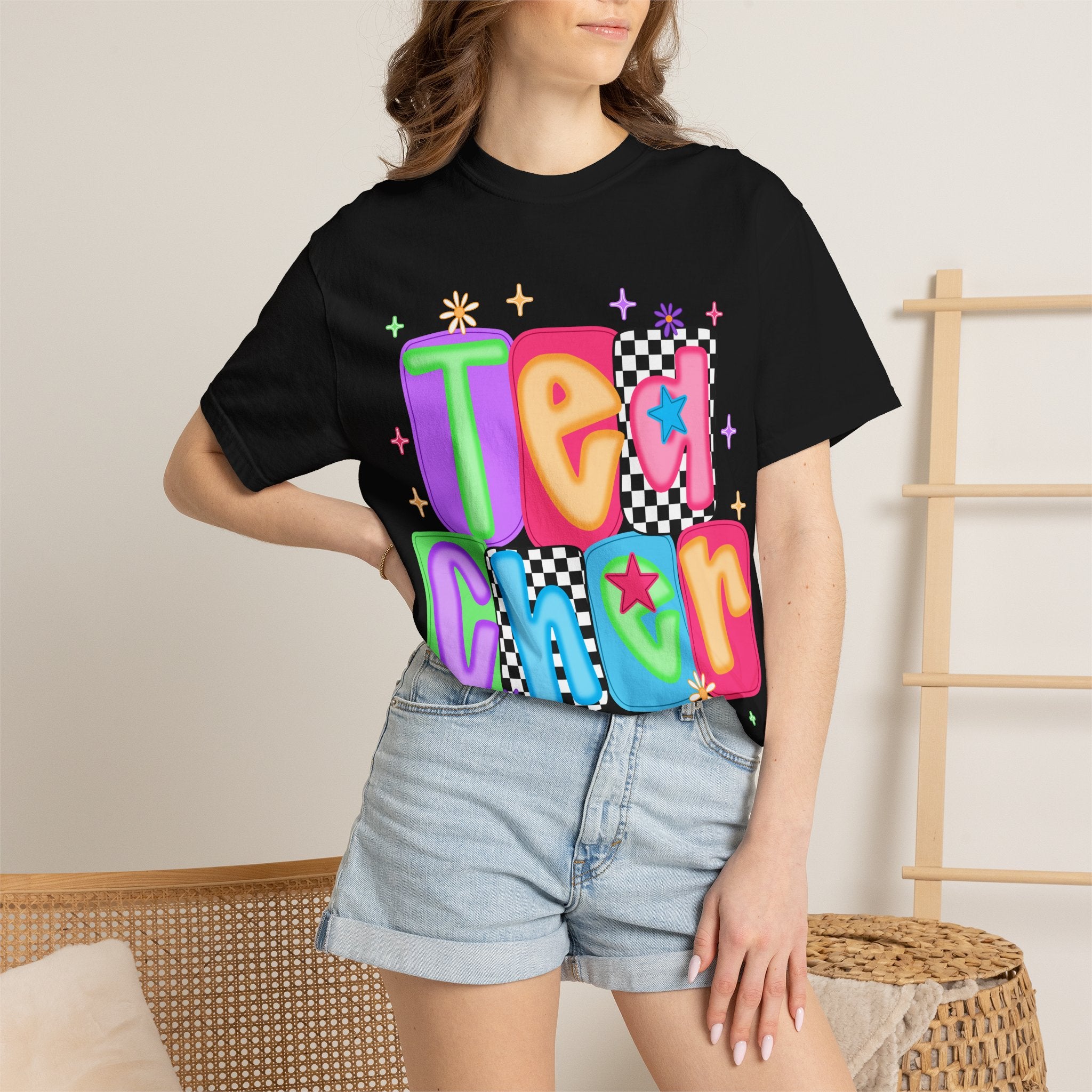 Teacher Retro Bubble Letter T-Shirt — Colorful Checkerboard & Star Teacher Shirt