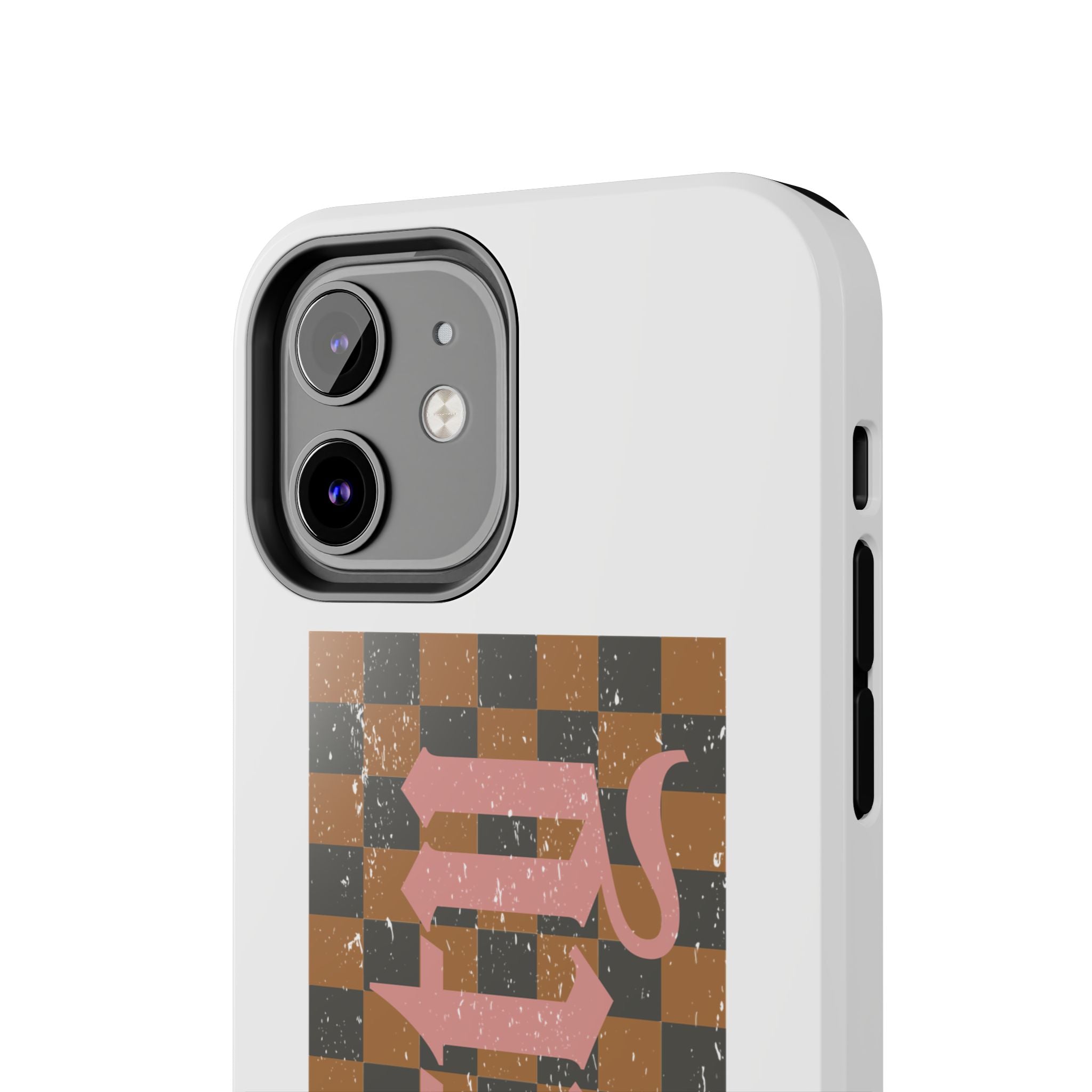 Checkerboard 'Tough' Retro Phone Case — Pink Gothic Text, Grunge Pattern