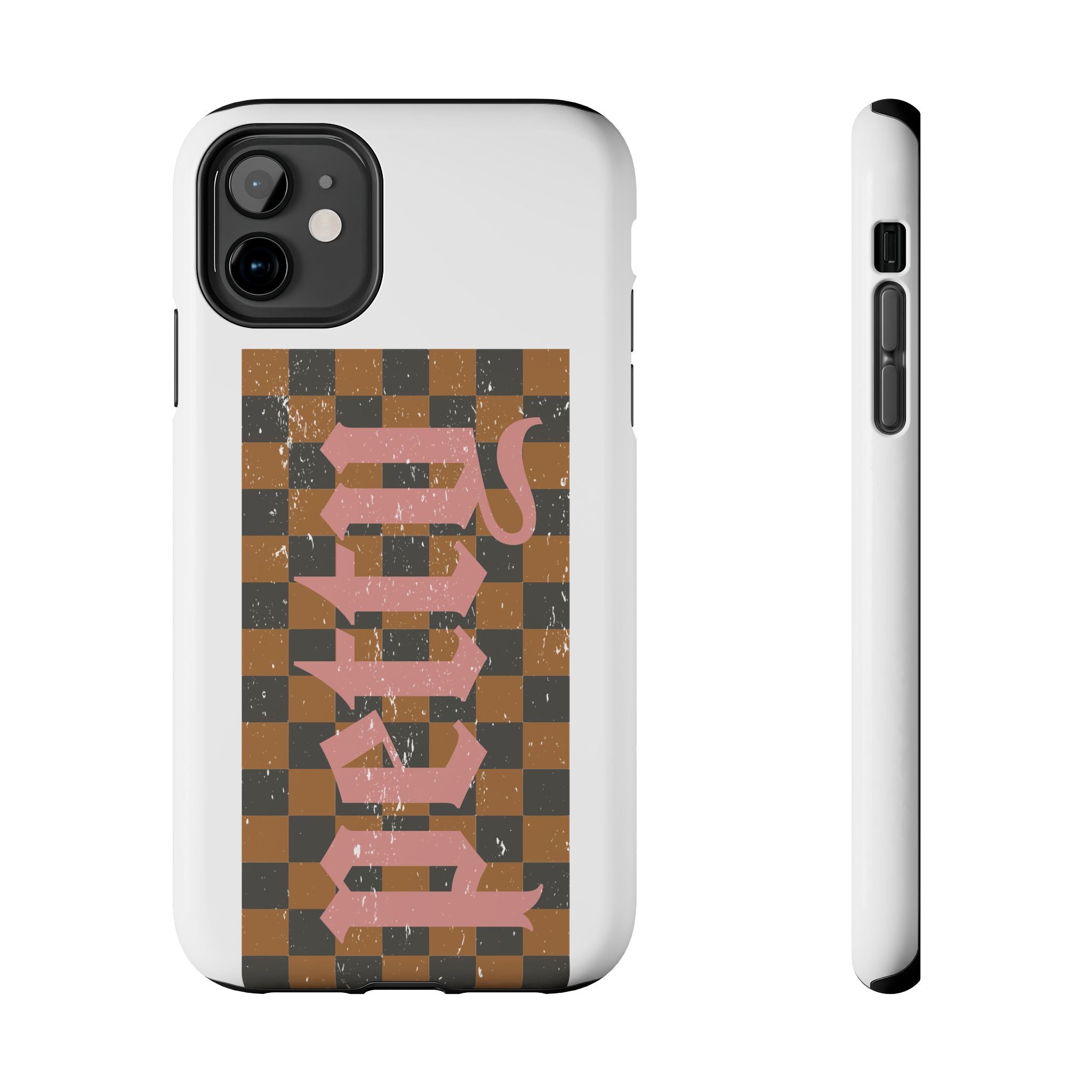 Checkerboard 'Tough' Retro Phone Case — Pink Gothic Text, Grunge Pattern
