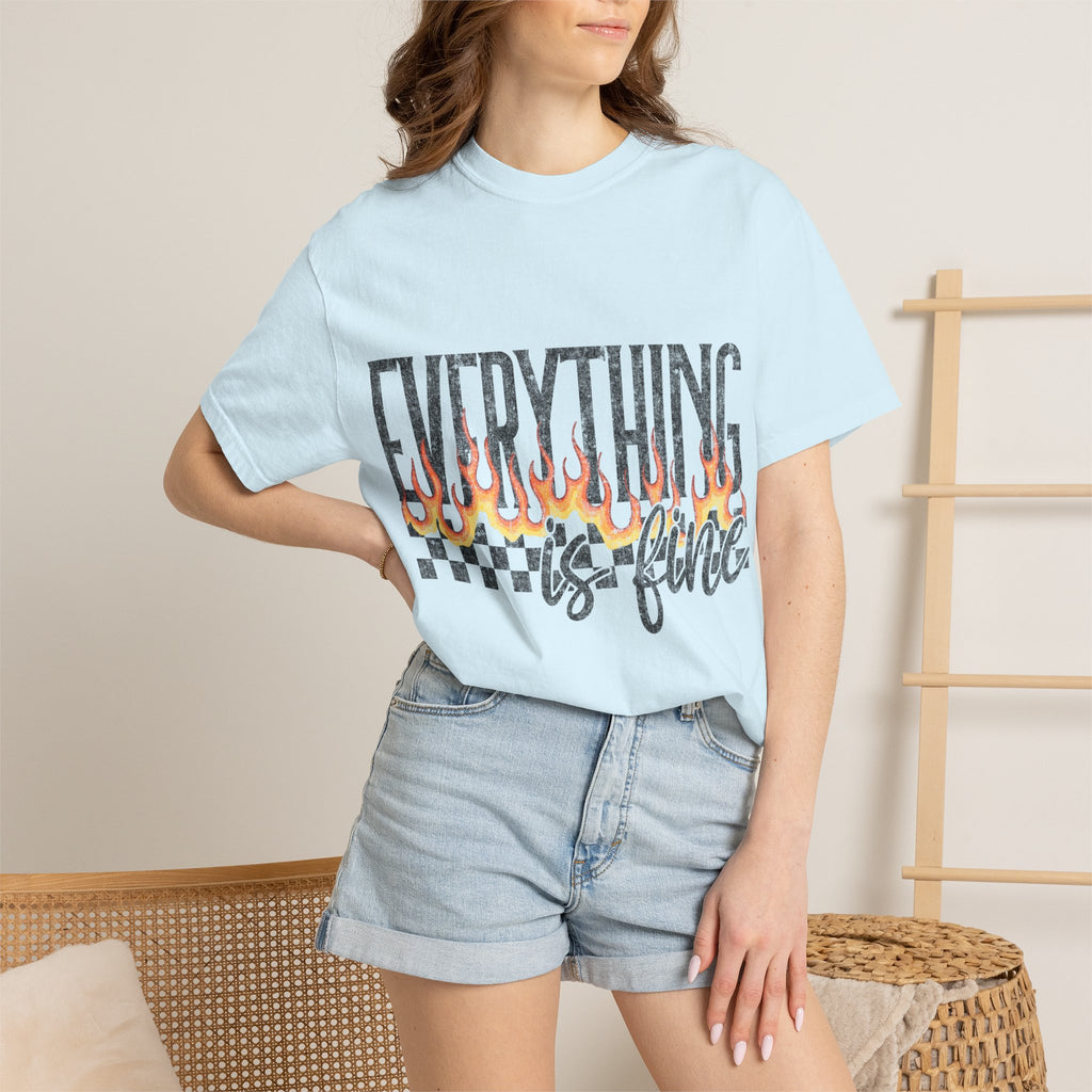 Everything Is Fine T-Shirt — Retro Flames & Checkerboard Graphic Tee