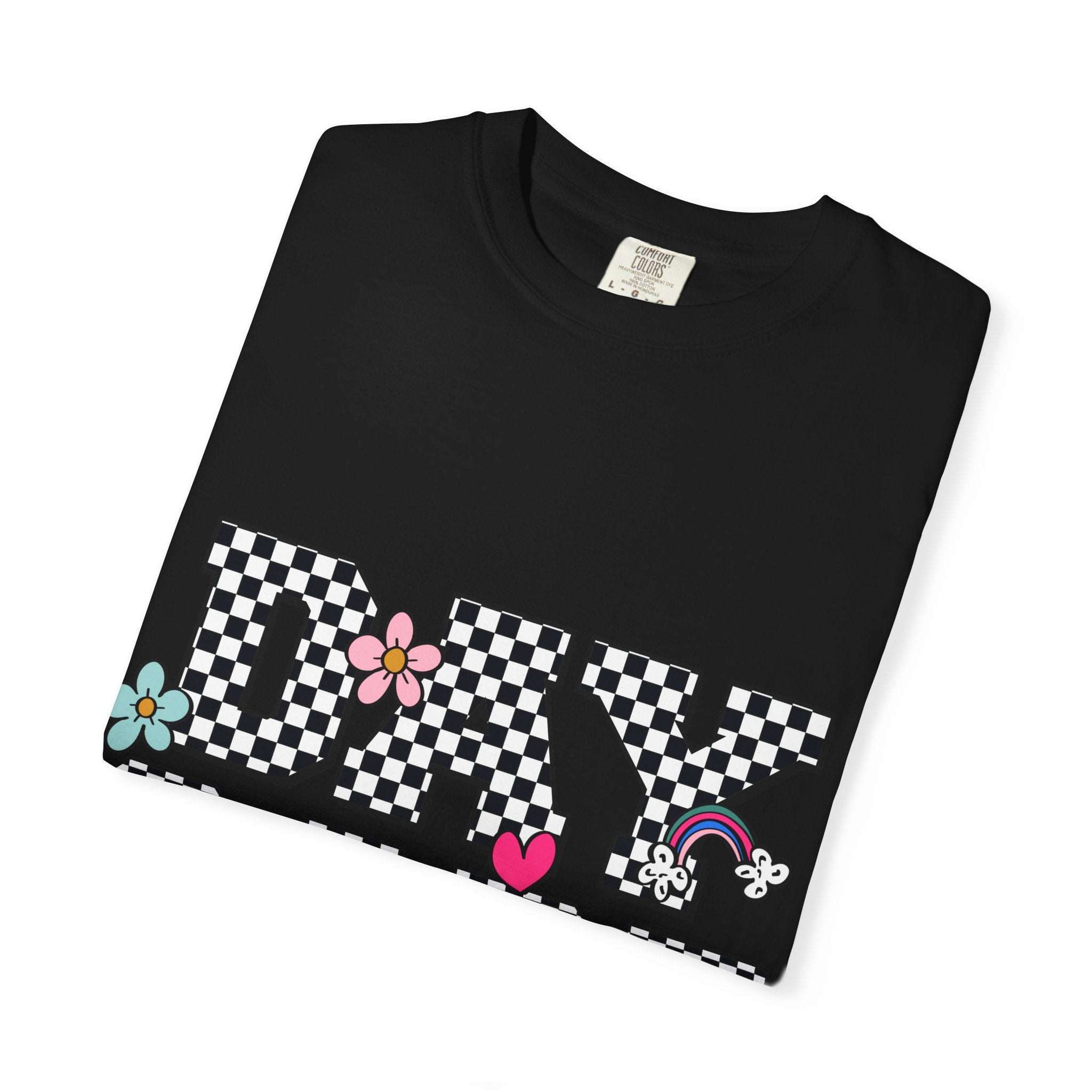 Day Care Checkerboard T‑Shirt — Playful Smiley & Floral Kids Graphic Tee