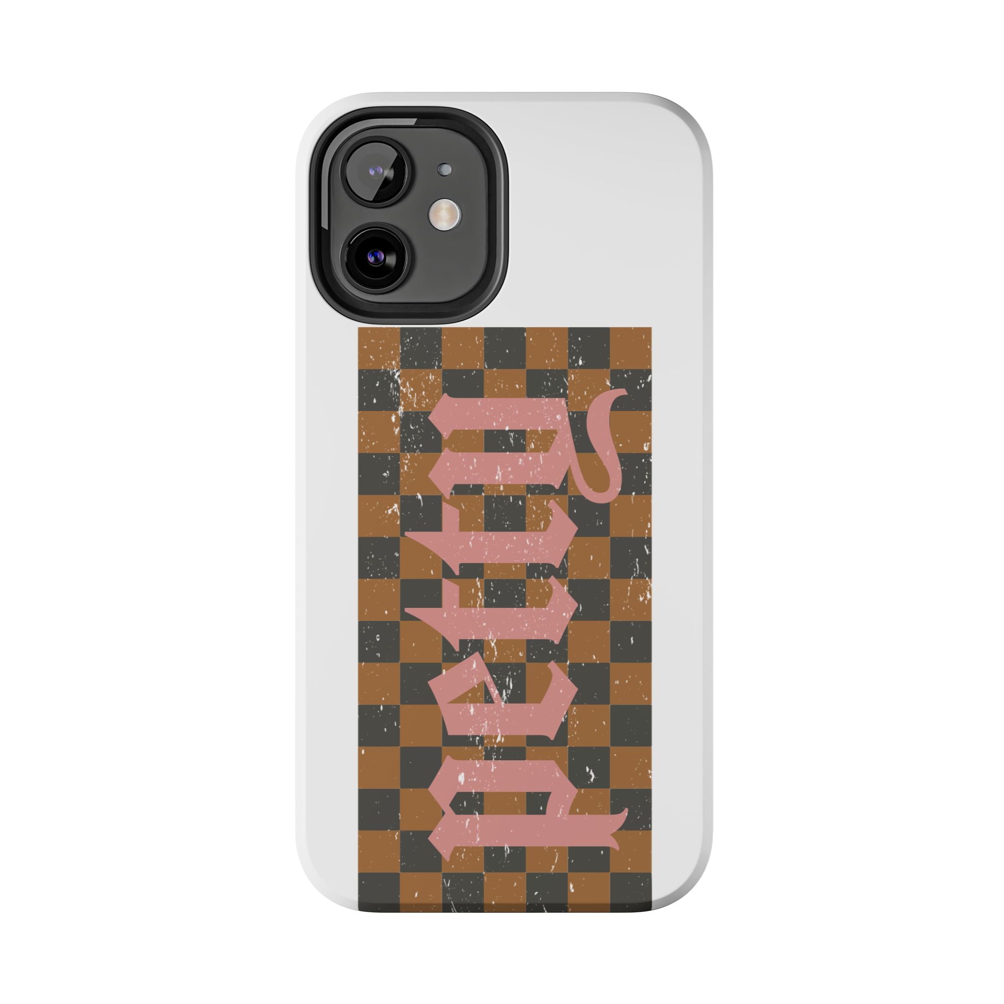Checkerboard 'Tough' Retro Phone Case — Pink Gothic Text, Grunge Pattern