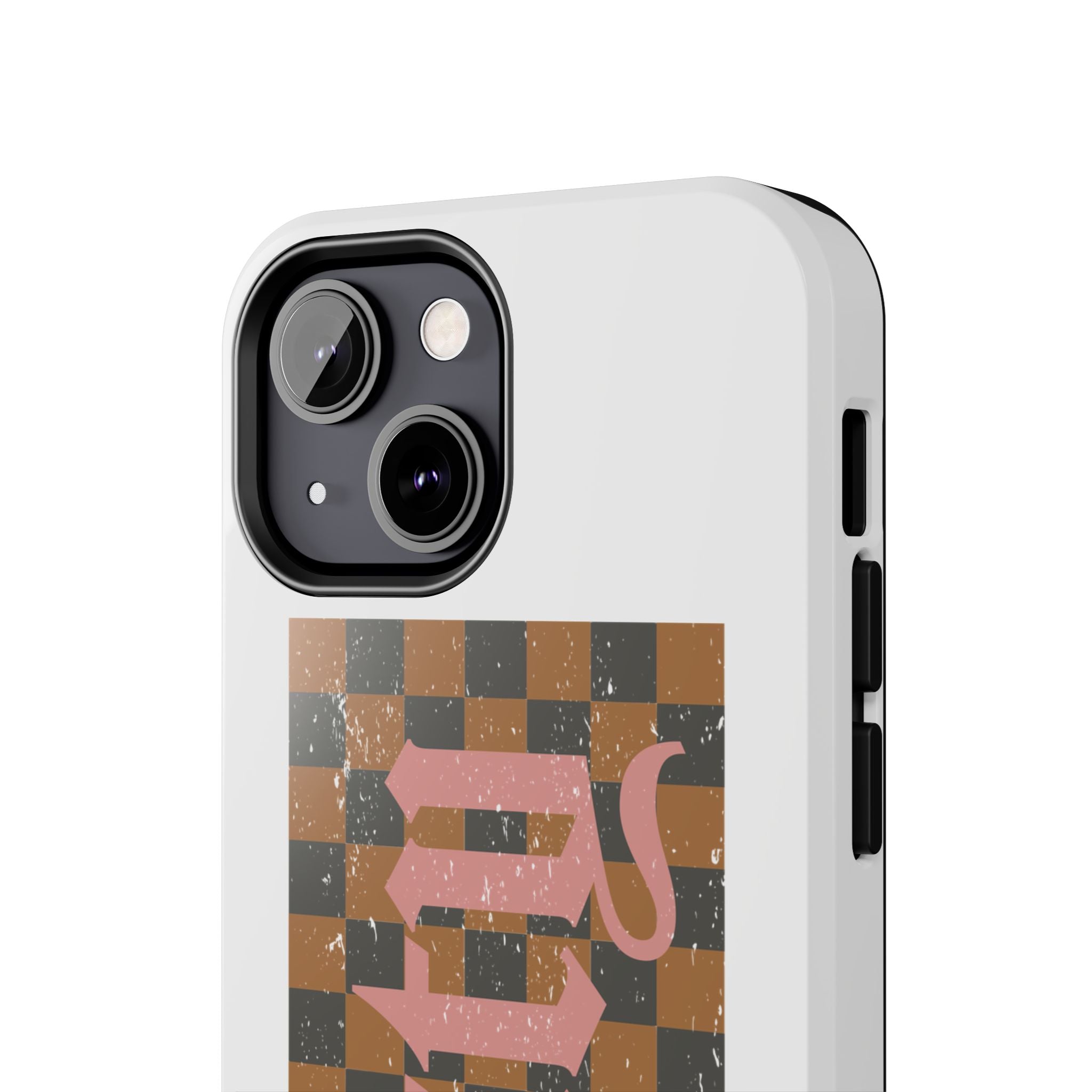 Checkerboard 'Tough' Retro Phone Case — Pink Gothic Text, Grunge Pattern