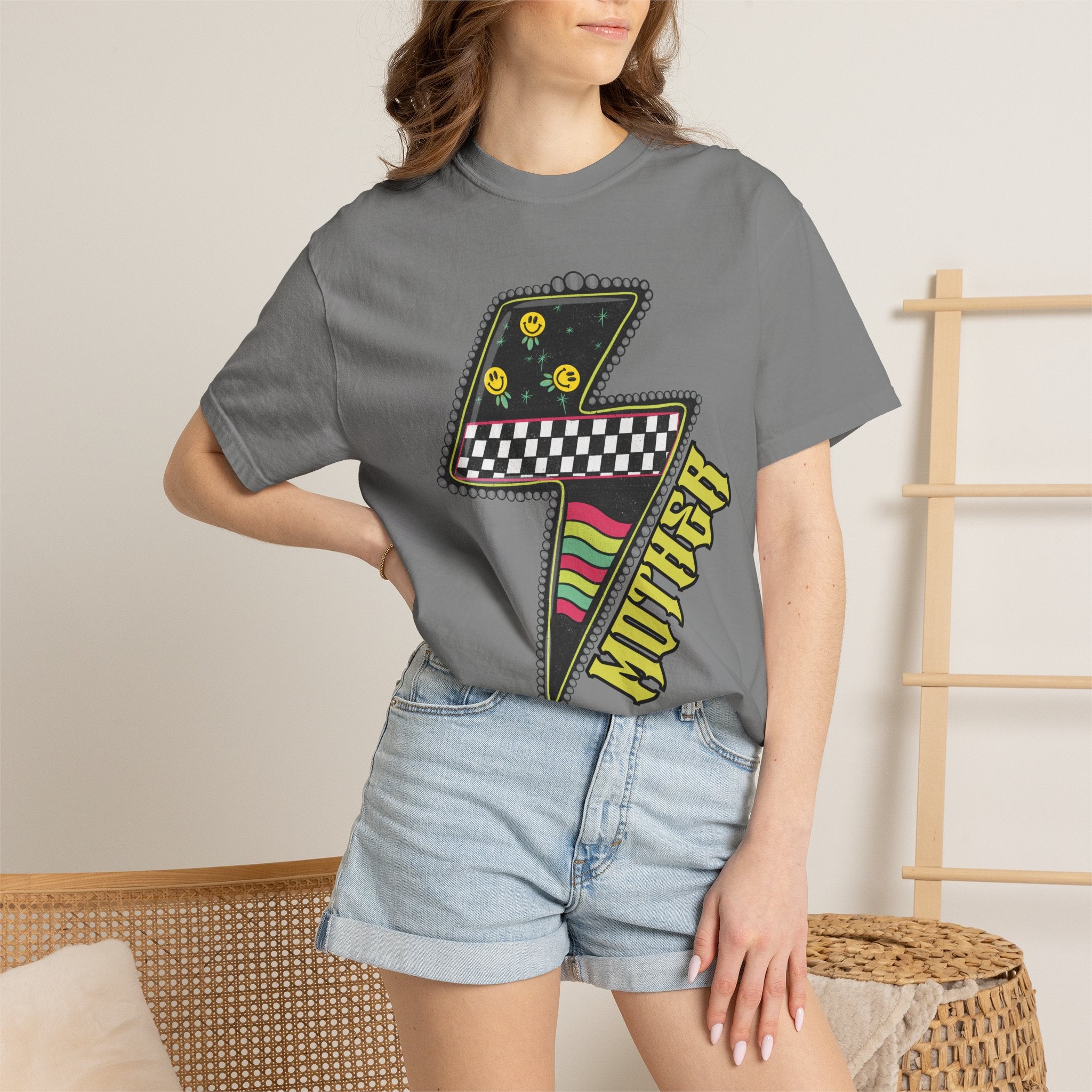 Lightning Bolt Graphic T‑Shirt — Retro Checker & 'Mother' Streetwear Tee