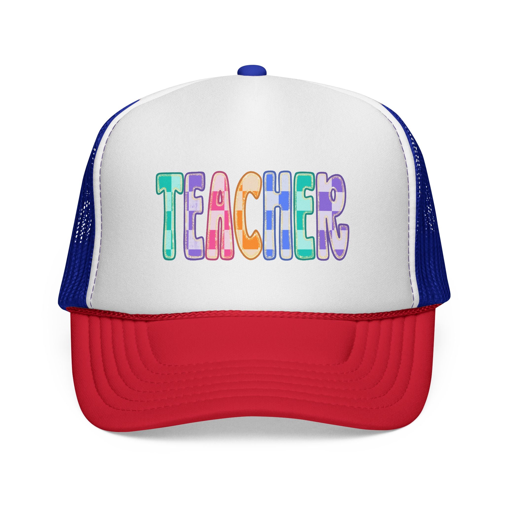 Teacher Trucker Hat — Colorful Patchwork Educator Cap