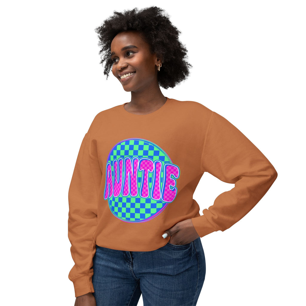 Auntie Graphic Sweatshirt — Retro Checkerboard Neon Design