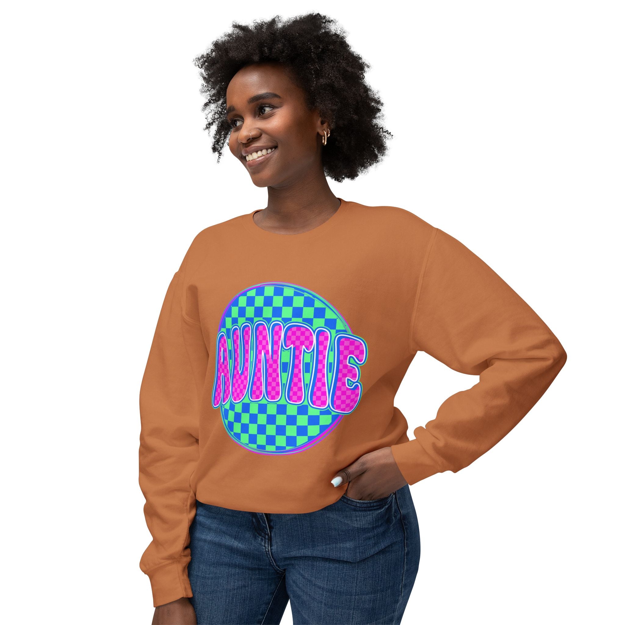 Auntie Graphic Sweatshirt — Retro Checkerboard Neon Design