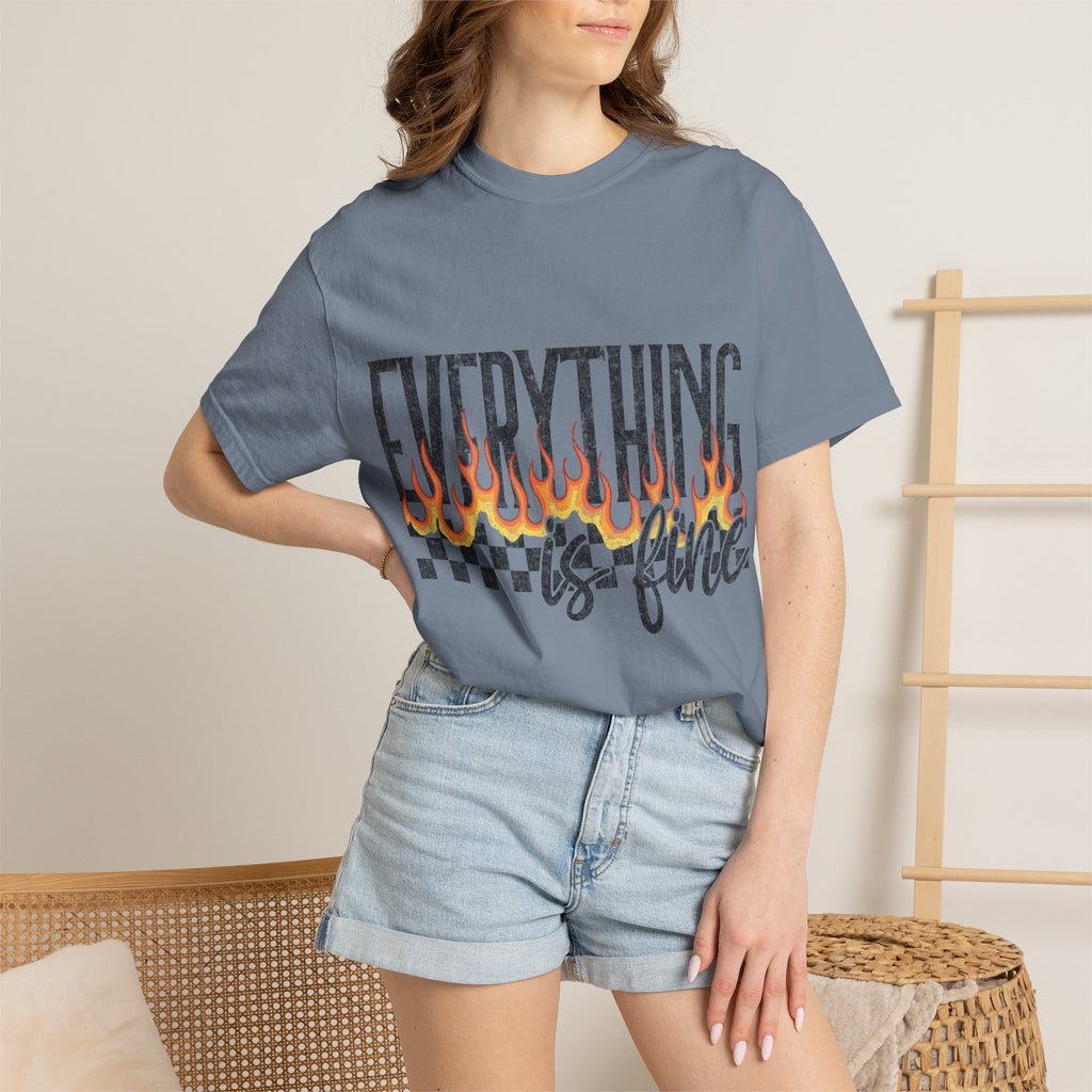 Everything Is Fine T-Shirt — Retro Flames & Checkerboard Graphic Tee