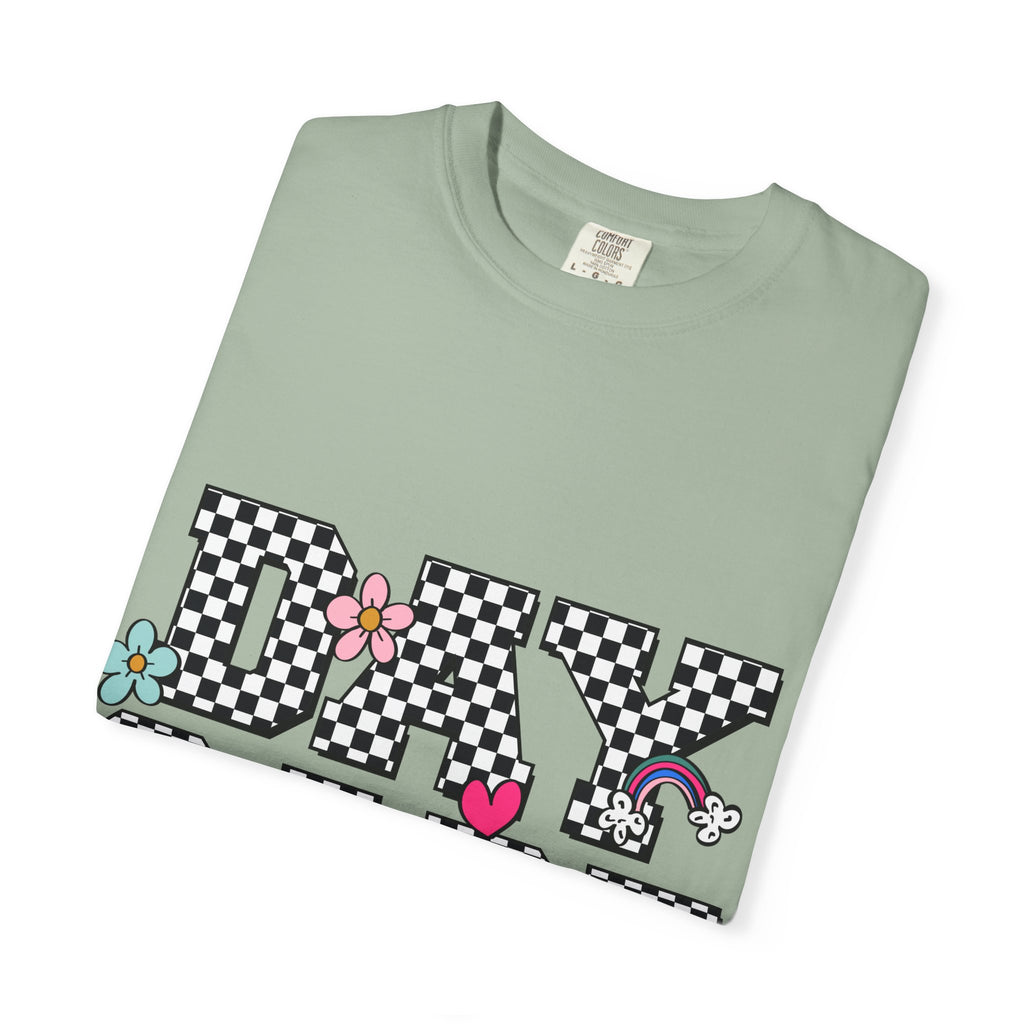 Day Care Checkerboard T‑Shirt — Playful Smiley & Floral Kids Graphic Tee
