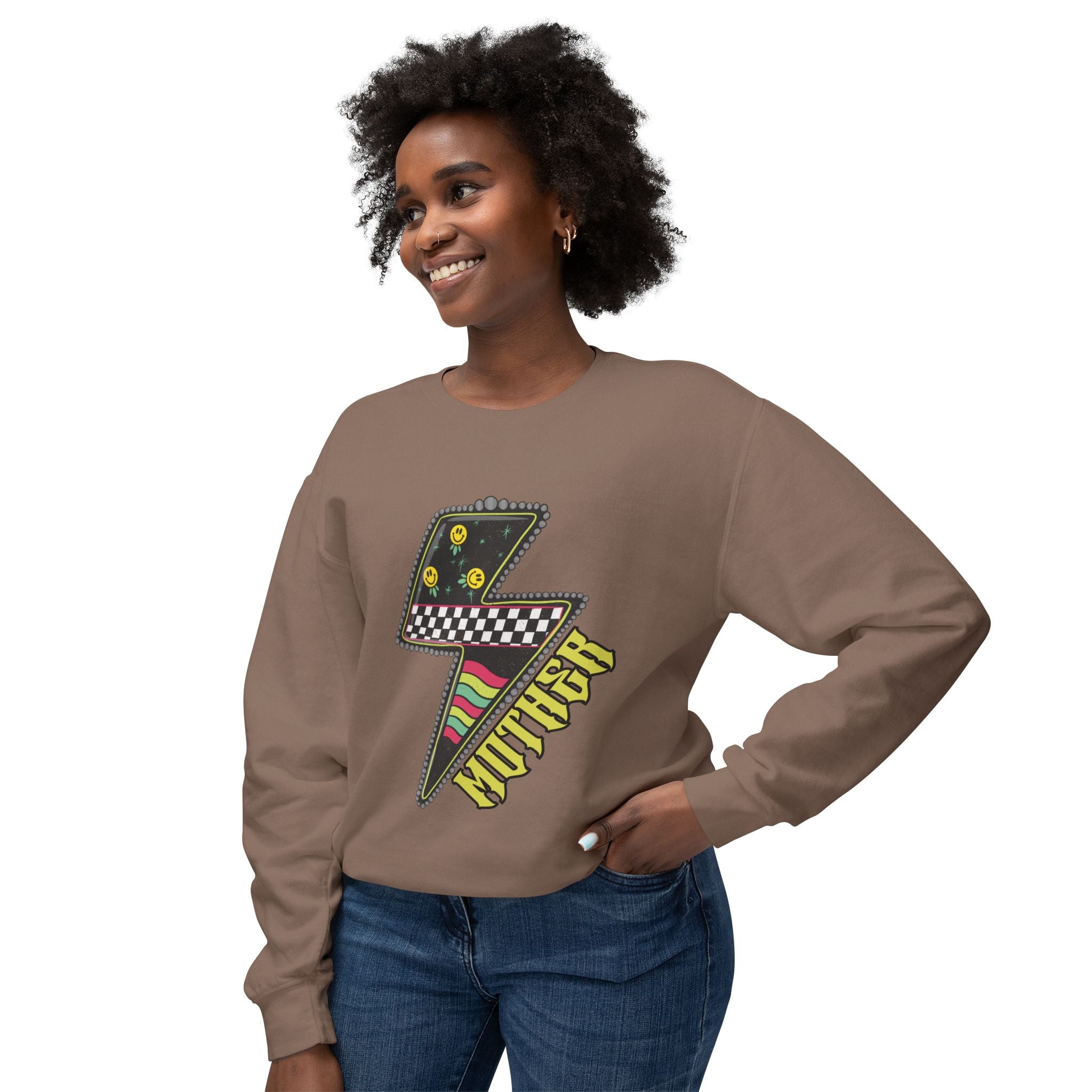Lightning Bolt Graphic Sweatshirt — Retro Checkered & Neon Pattern Crewneck