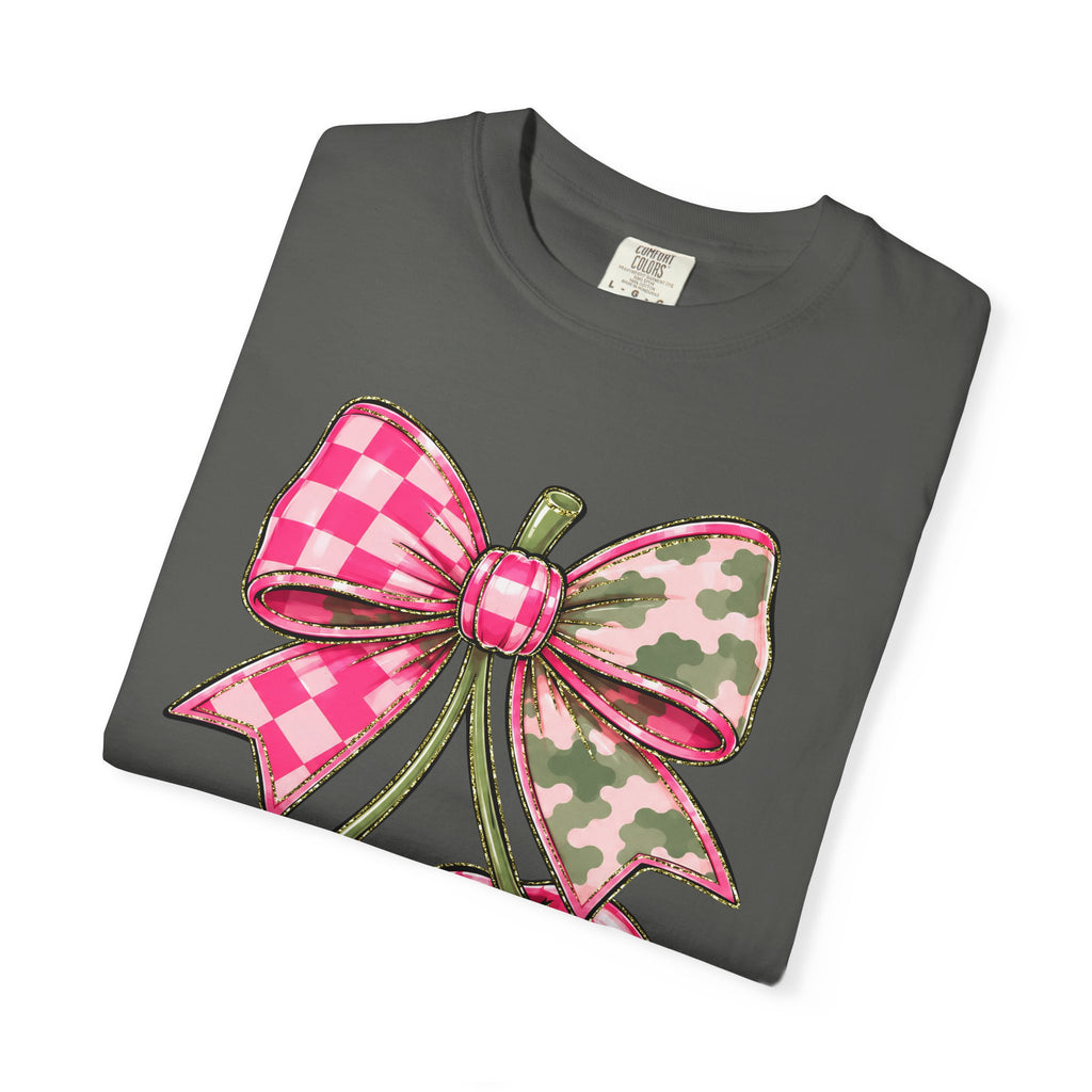 Pink Camo Checker Cherry Tee — Bow Graphic T-Shirt