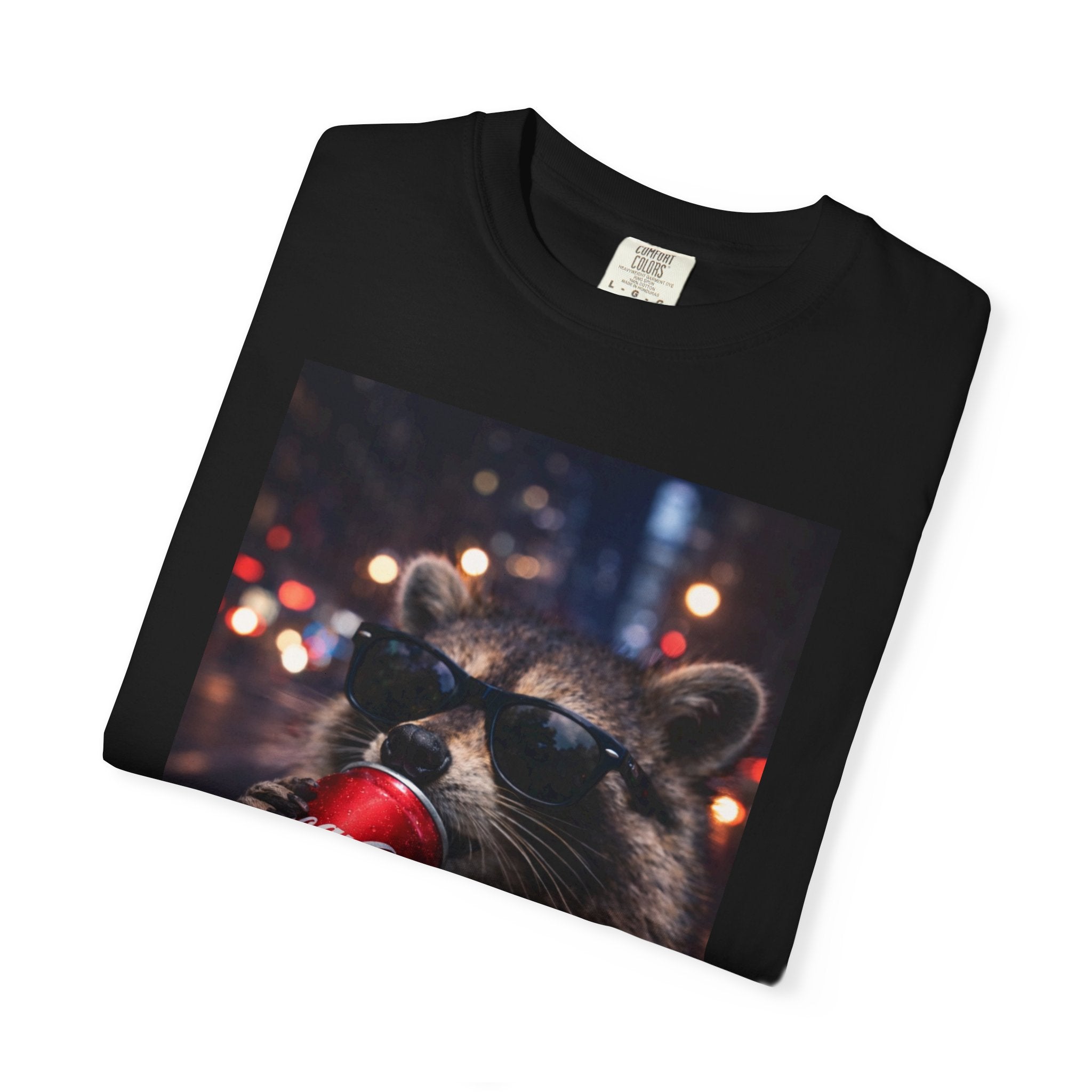 Raccoon Drinking Soda Photo T-Shirt — Funny Urban Wildlife Graphic Tee
