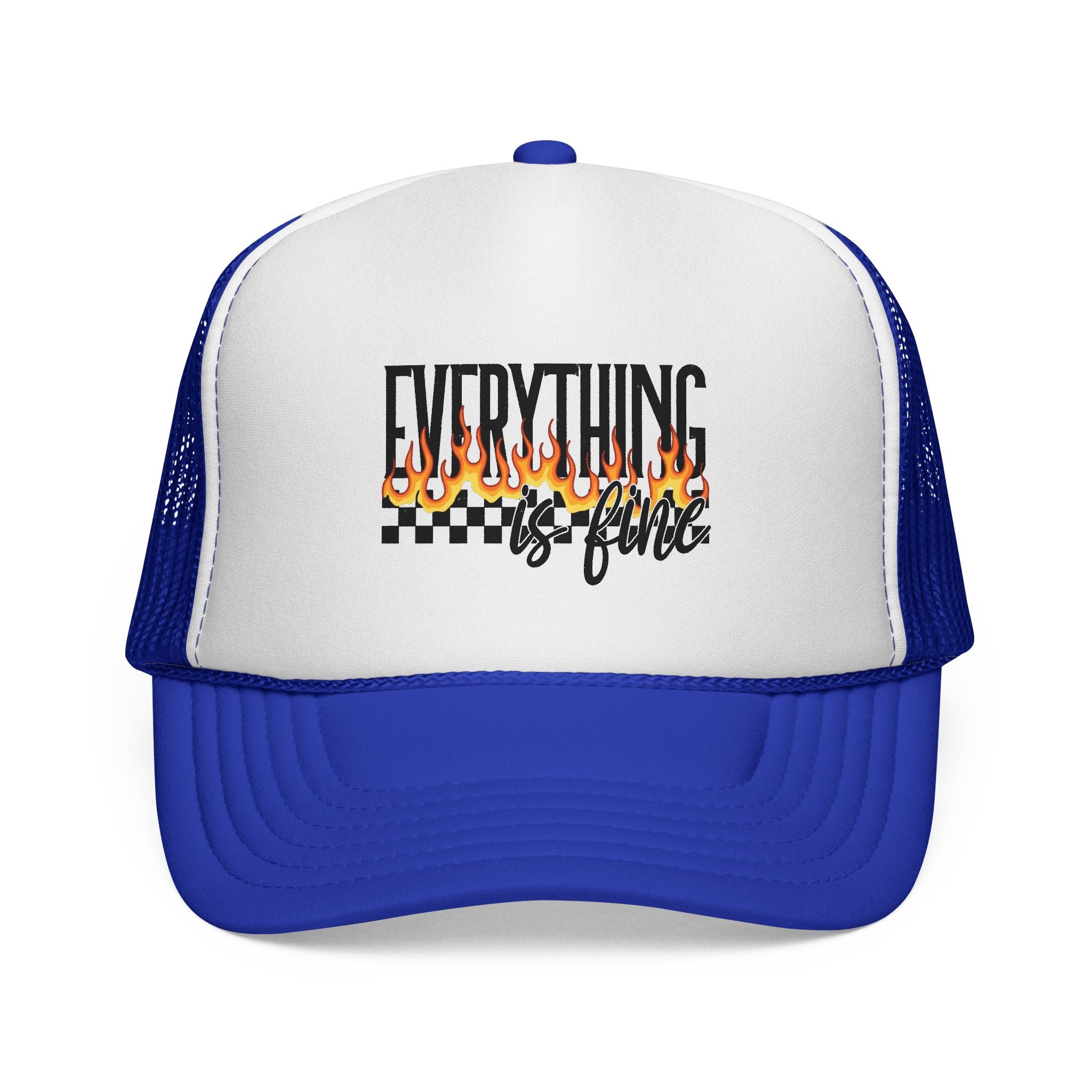 Everything Is Fine Trucker Cap — Retro Flames & Checkerboard Snapback
