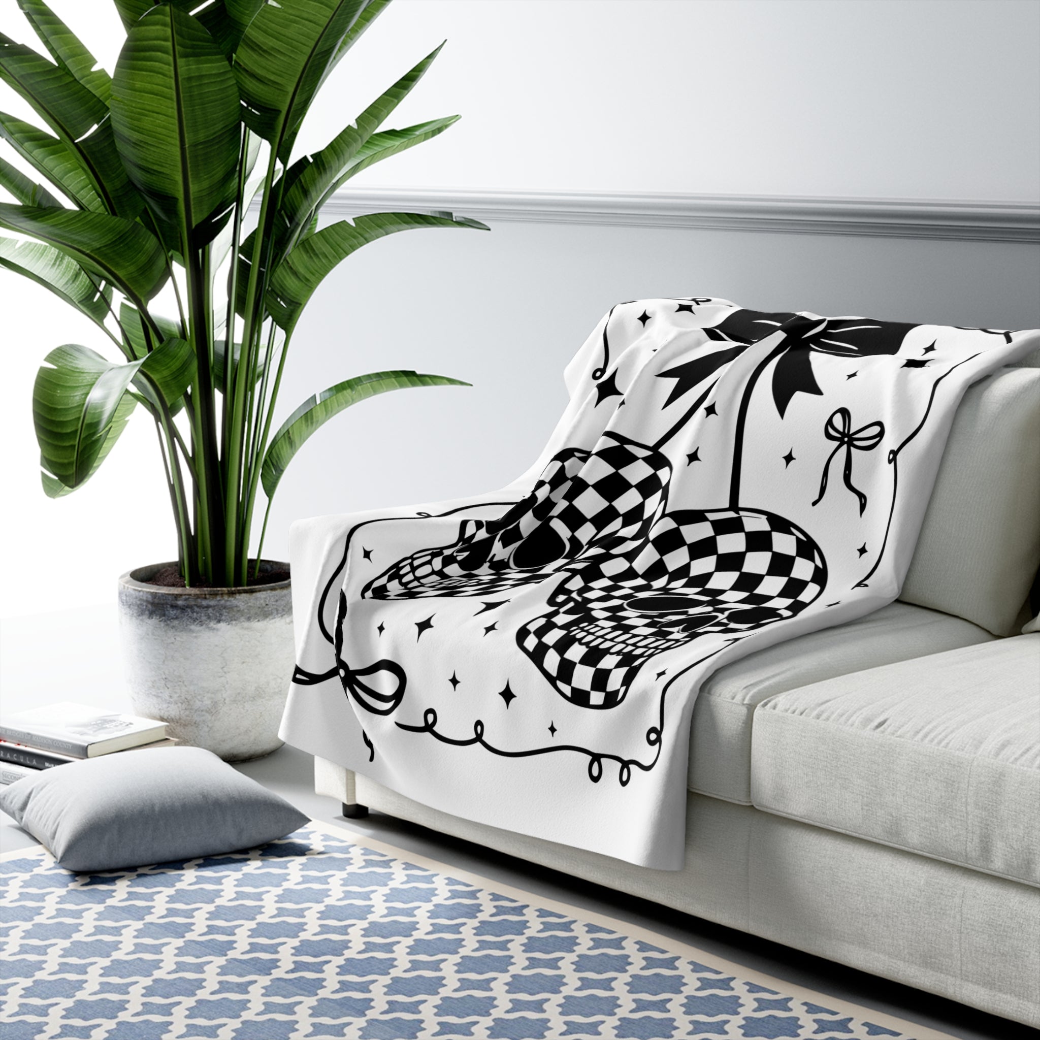 Checker Skull Sherpa Fleece Blanket — Black & White Gothic Cozy Throw