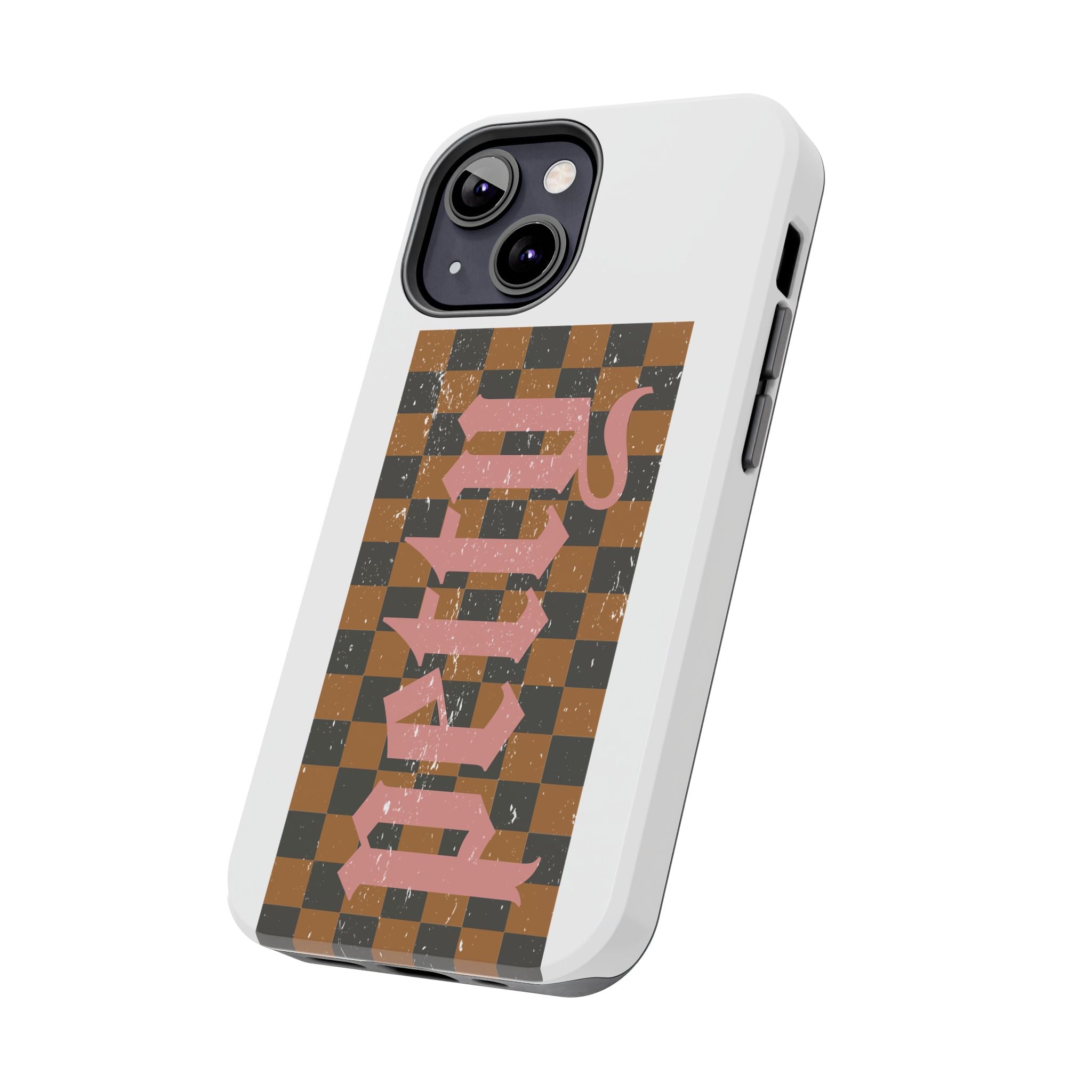 Checkerboard 'Tough' Retro Phone Case — Pink Gothic Text, Grunge Pattern