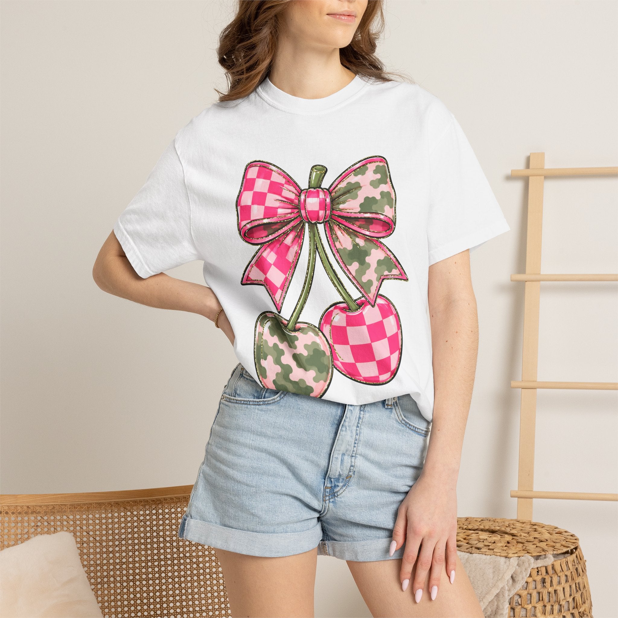 Pink Camo Checker Cherry Tee — Bow Graphic T-Shirt
