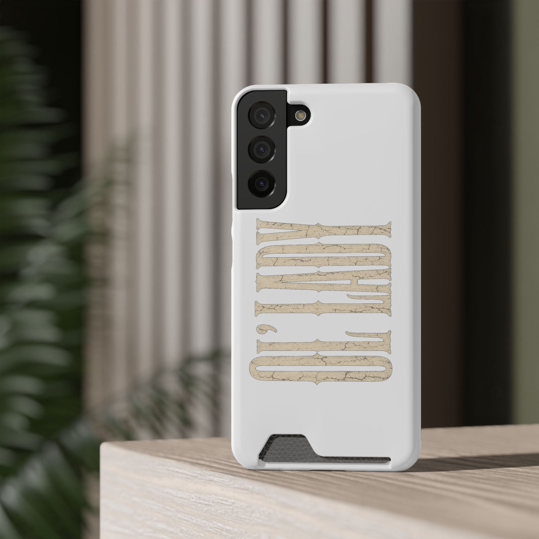 Card Holder Phone Case — Vintage Beige 'Old Soul' Typography