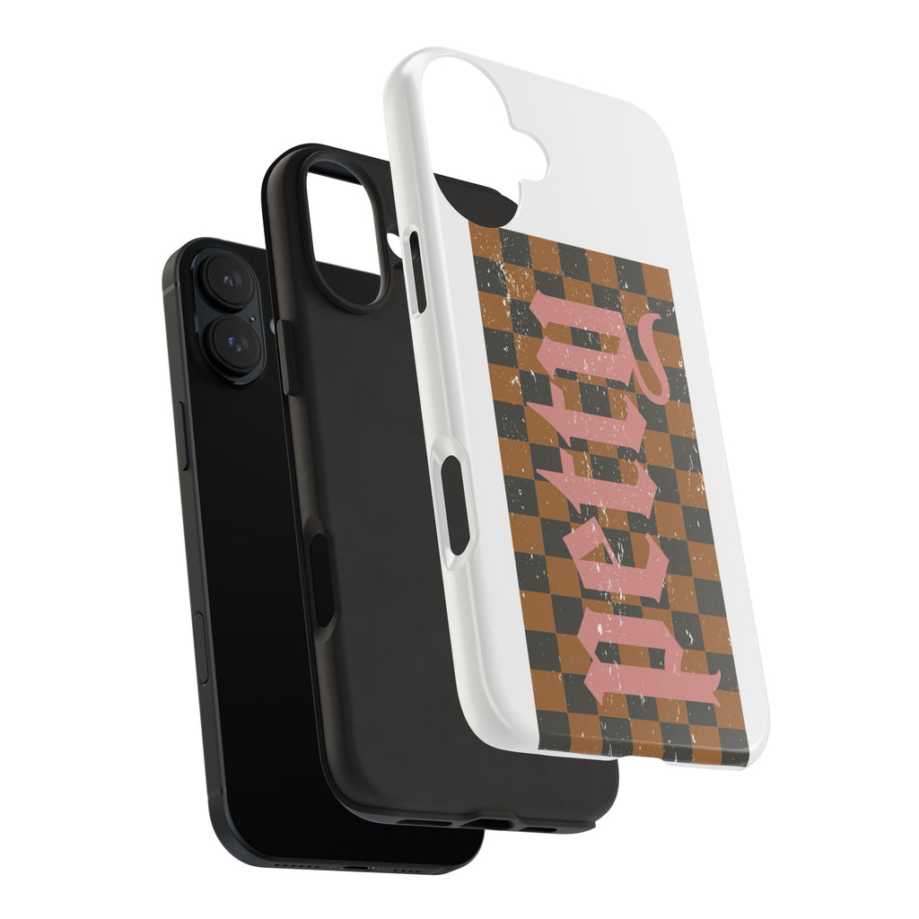 Checkerboard 'Tough' Retro Phone Case — Pink Gothic Text, Grunge Pattern
