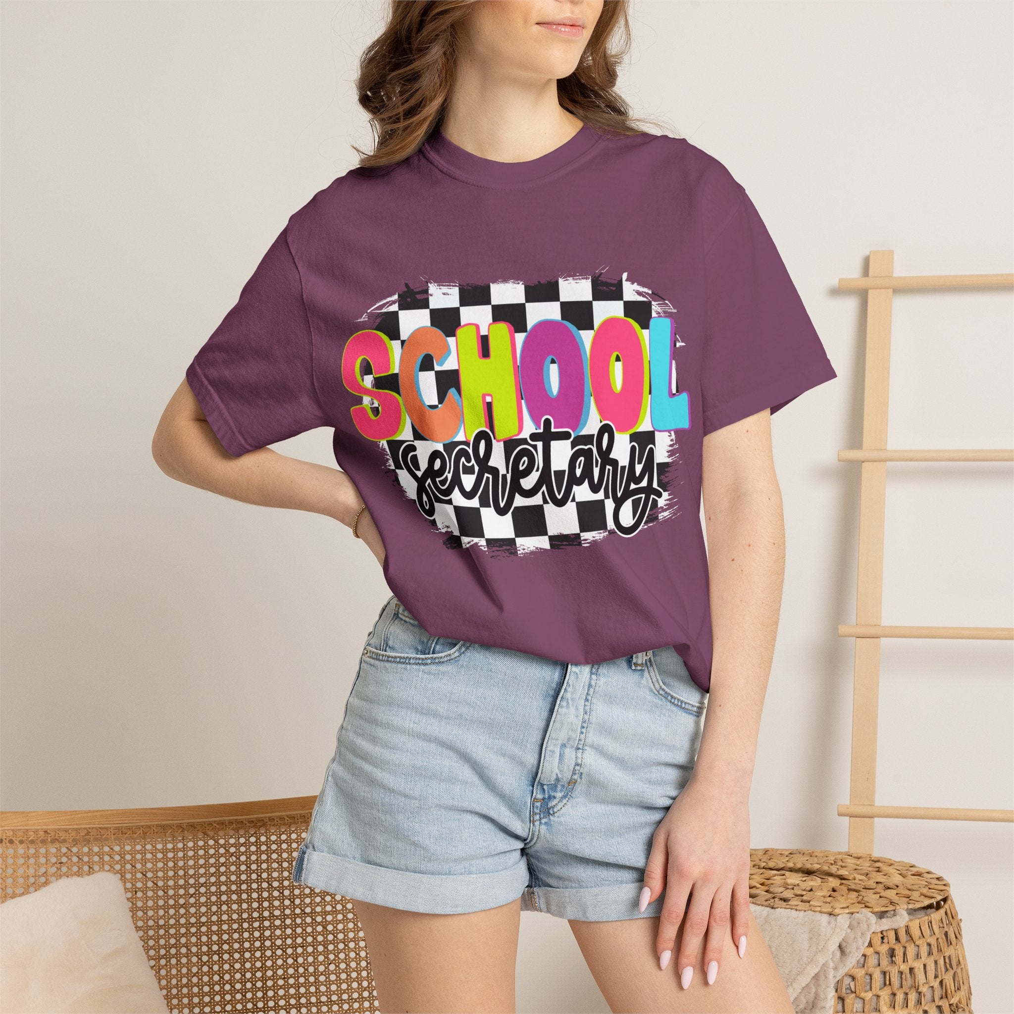 School Secretary T-Shirt — Retro Checkerboard Design