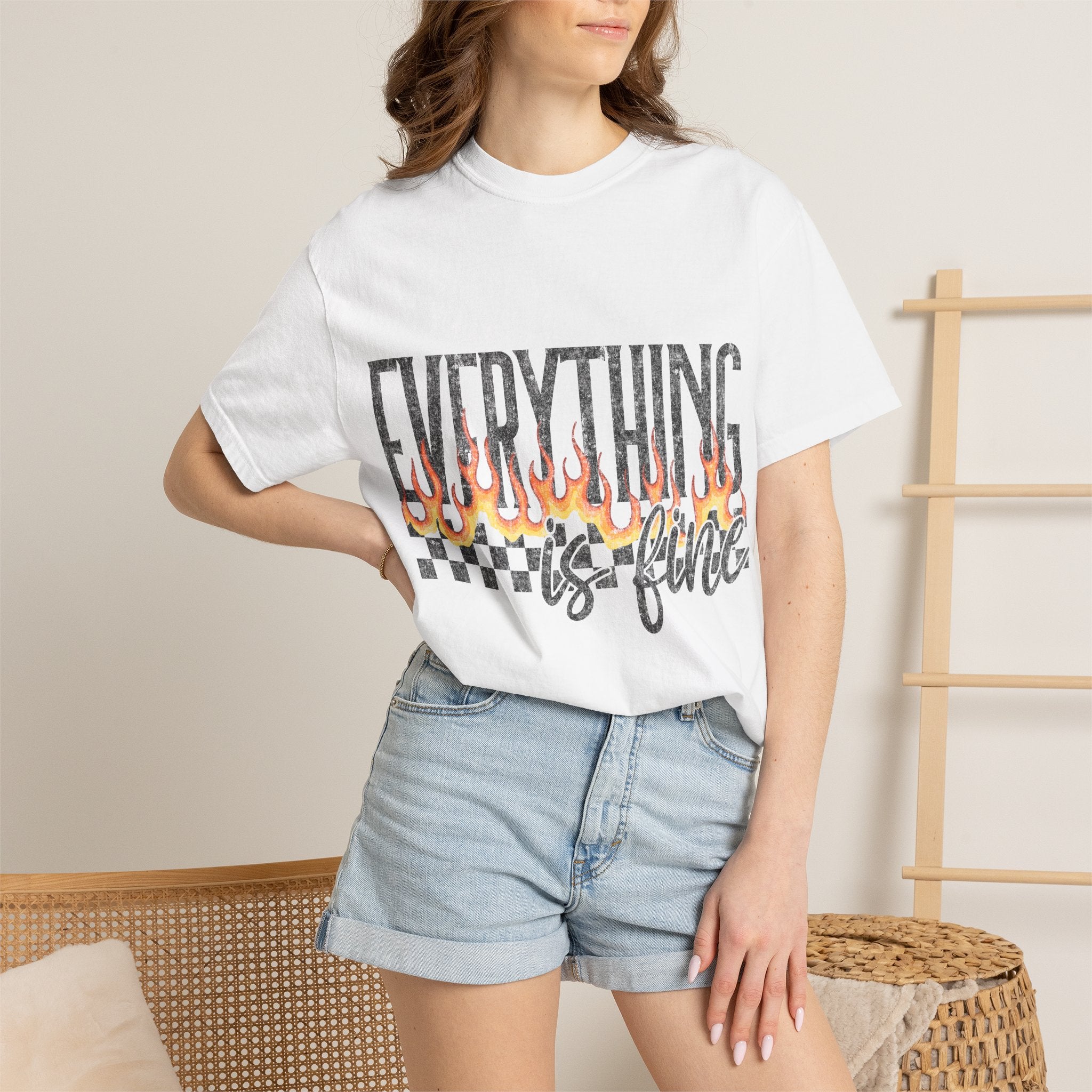 Everything Is Fine T-Shirt — Retro Flames & Checkerboard Graphic Tee