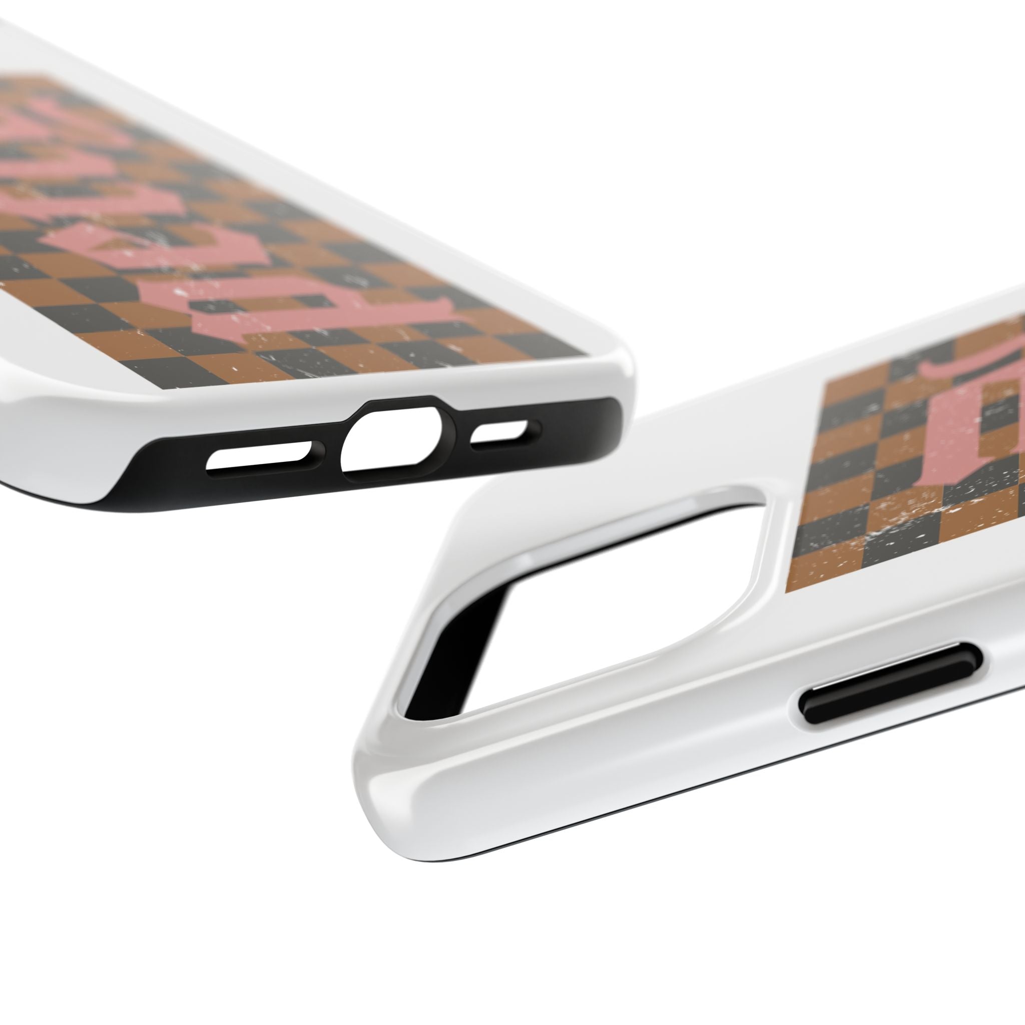Checkerboard 'Tough' Retro Phone Case — Pink Gothic Text, Grunge Pattern