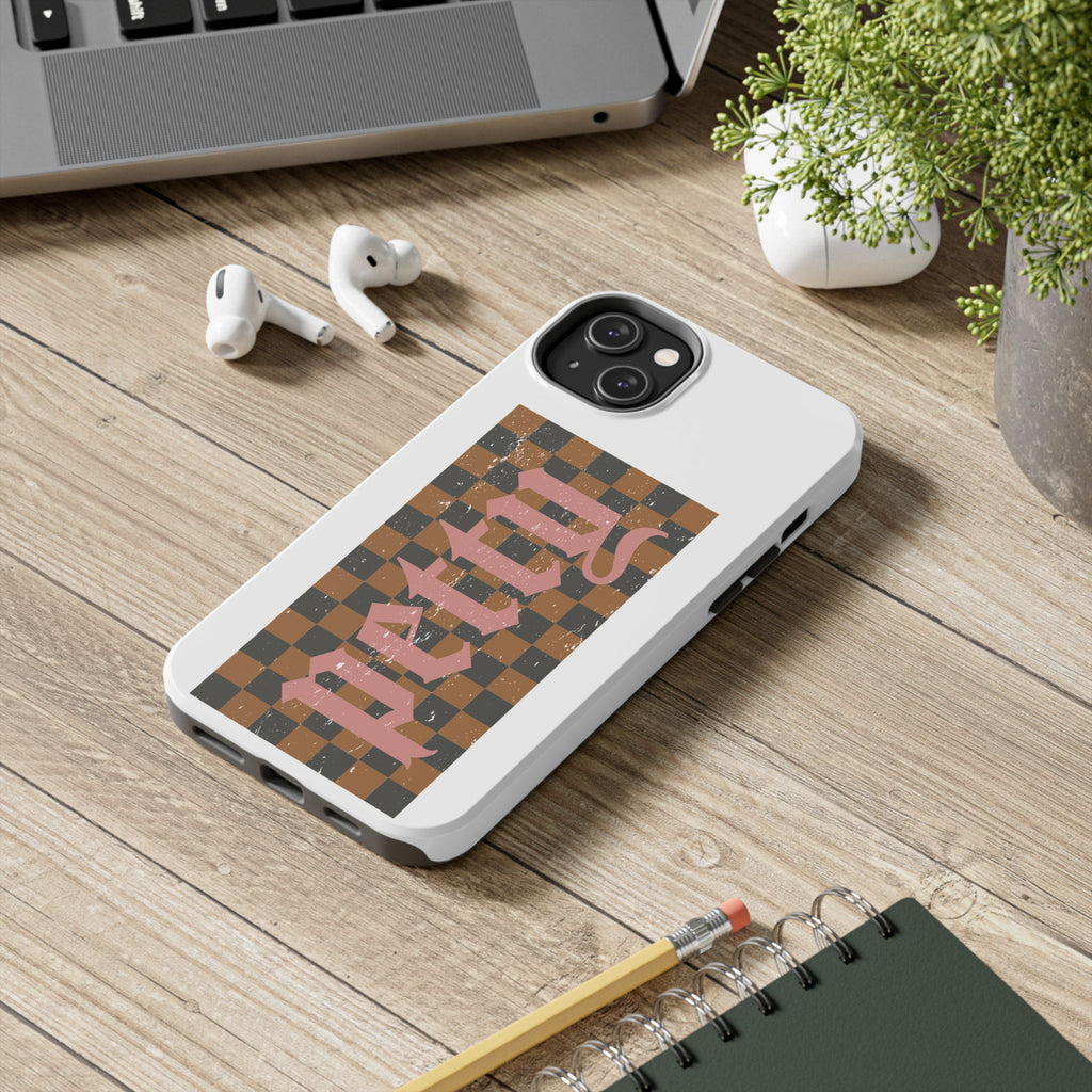 Checkerboard 'Tough' Retro Phone Case — Pink Gothic Text, Grunge Pattern