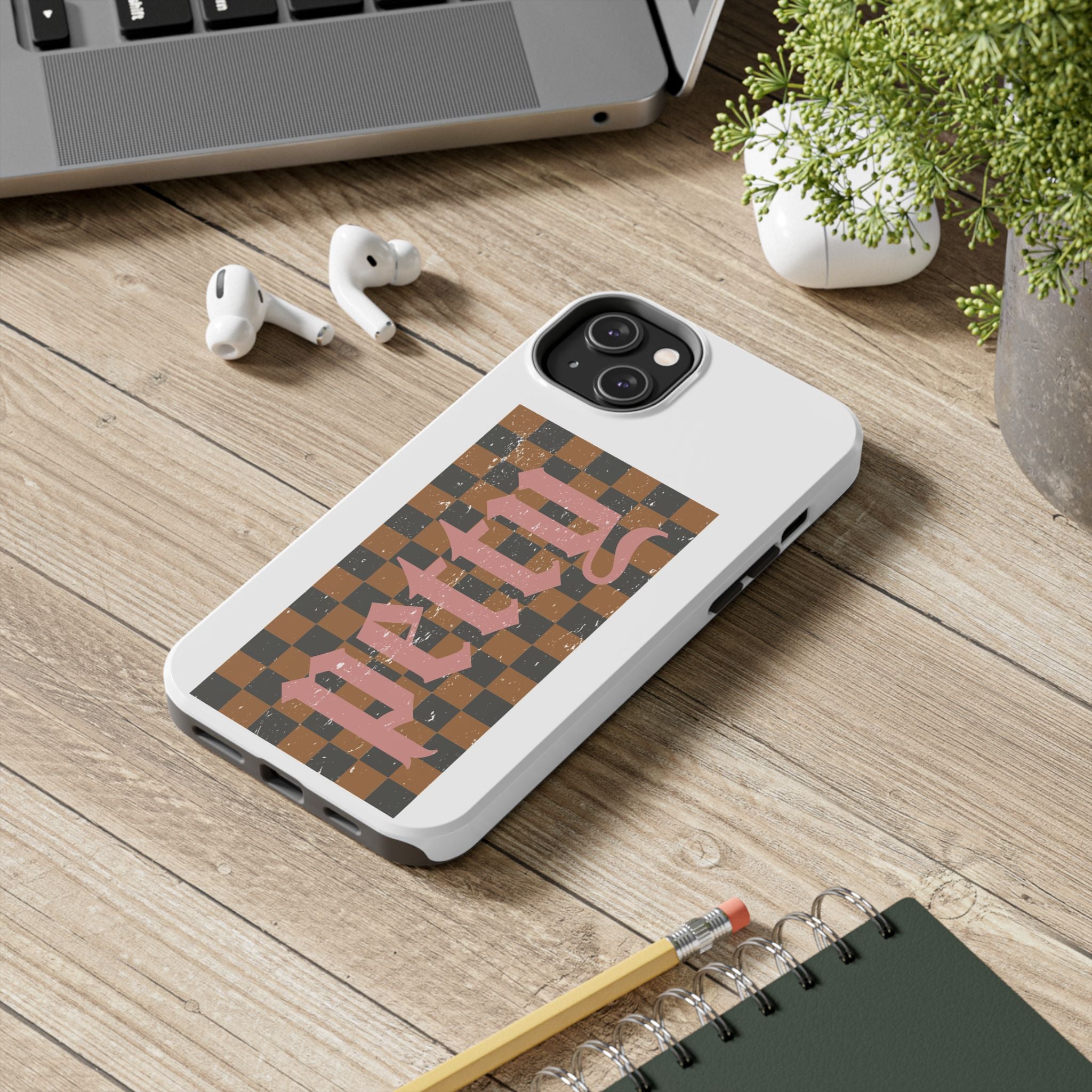 Checkerboard 'Tough' Retro Phone Case — Pink Gothic Text, Grunge Pattern