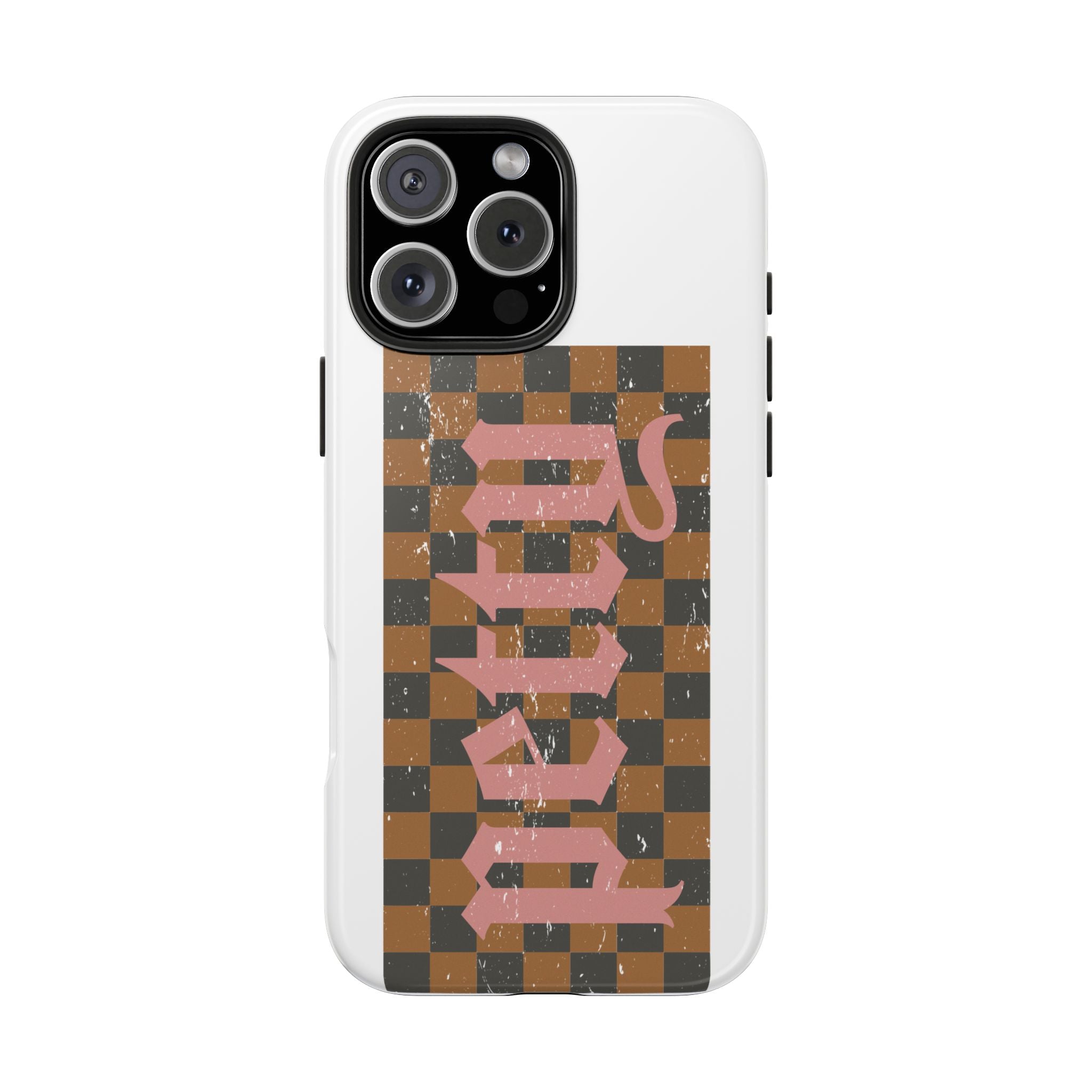 Checkerboard 'Tough' Retro Phone Case — Pink Gothic Text, Grunge Pattern