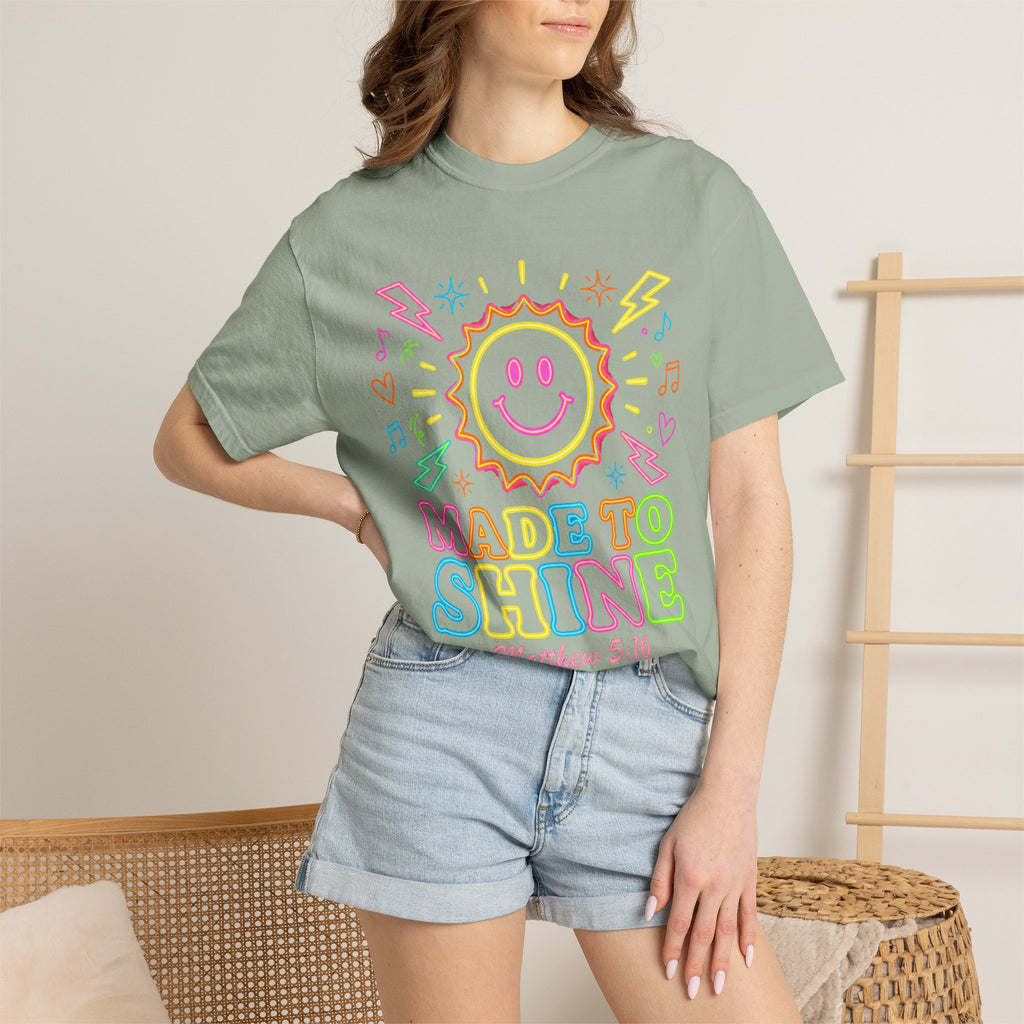Made to Shine T‑Shirt — Pastel Smiley Sun Christian Graphic (Matthew 5:16)