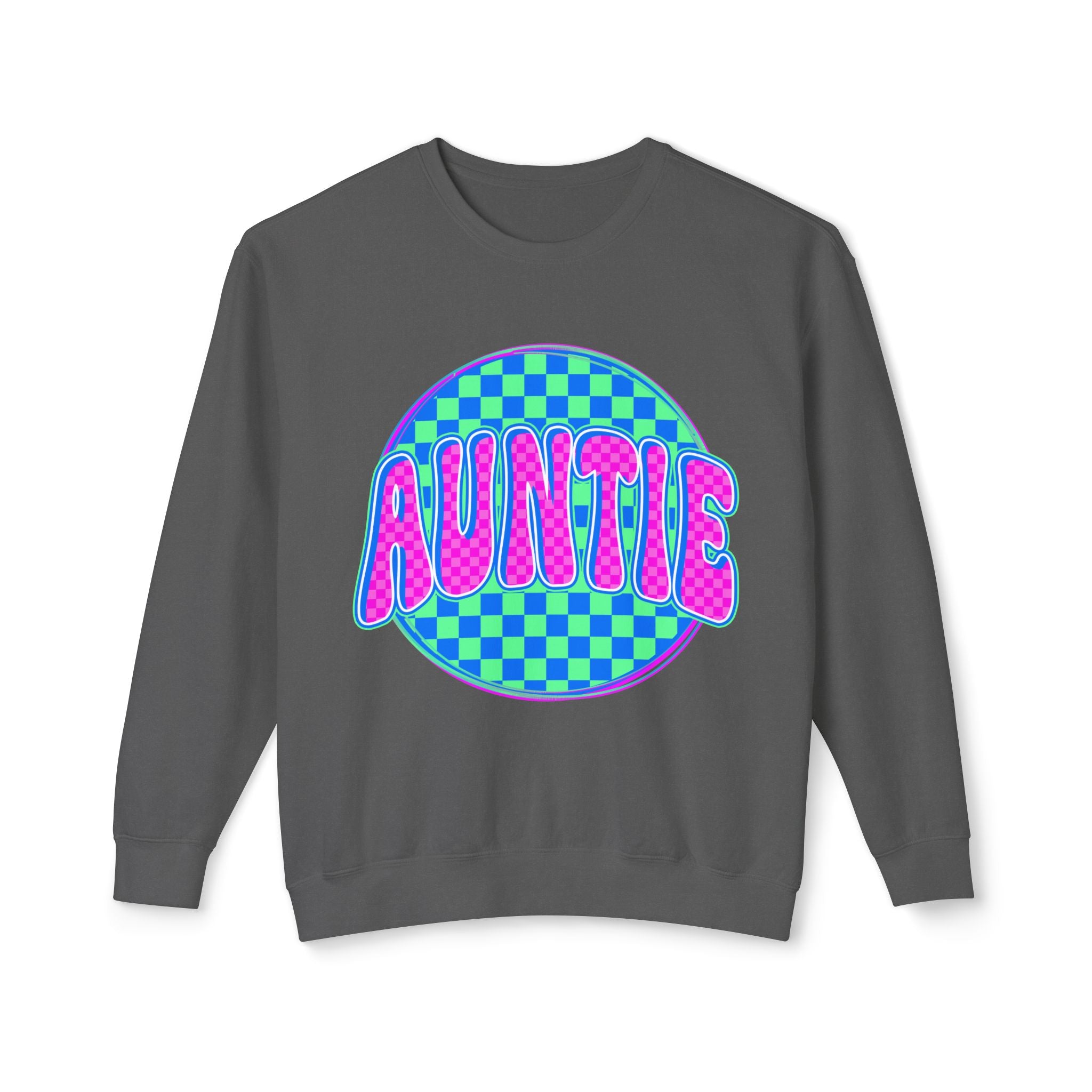 Auntie Graphic Sweatshirt — Retro Checkerboard Neon Design