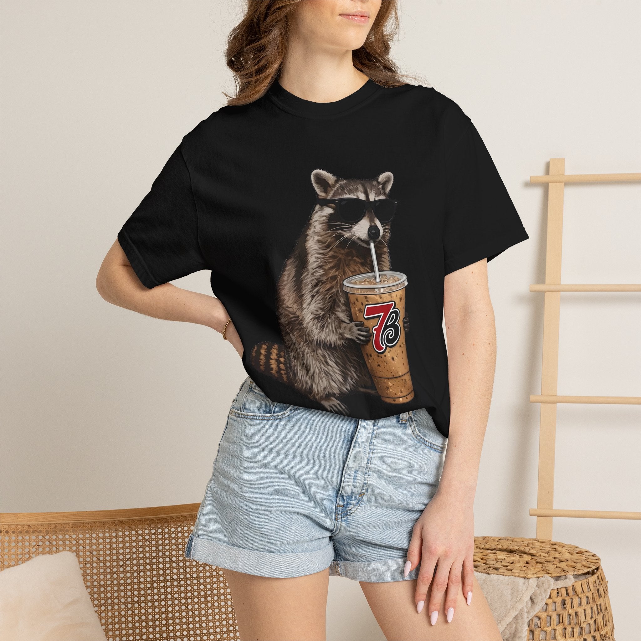 Raccoon Iced Coffee T-Shirt — Cute Raccoon Drinking 76oz Iced Coffee Graphic Tee