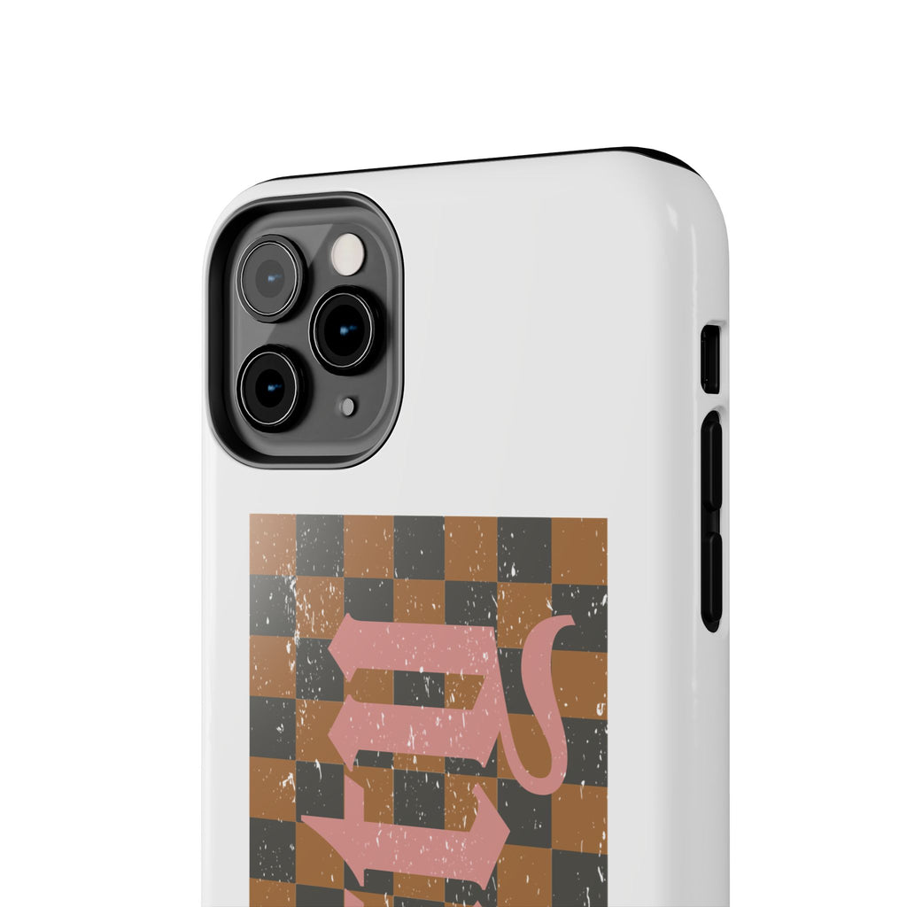 Checkerboard 'Tough' Retro Phone Case — Pink Gothic Text, Grunge Pattern
