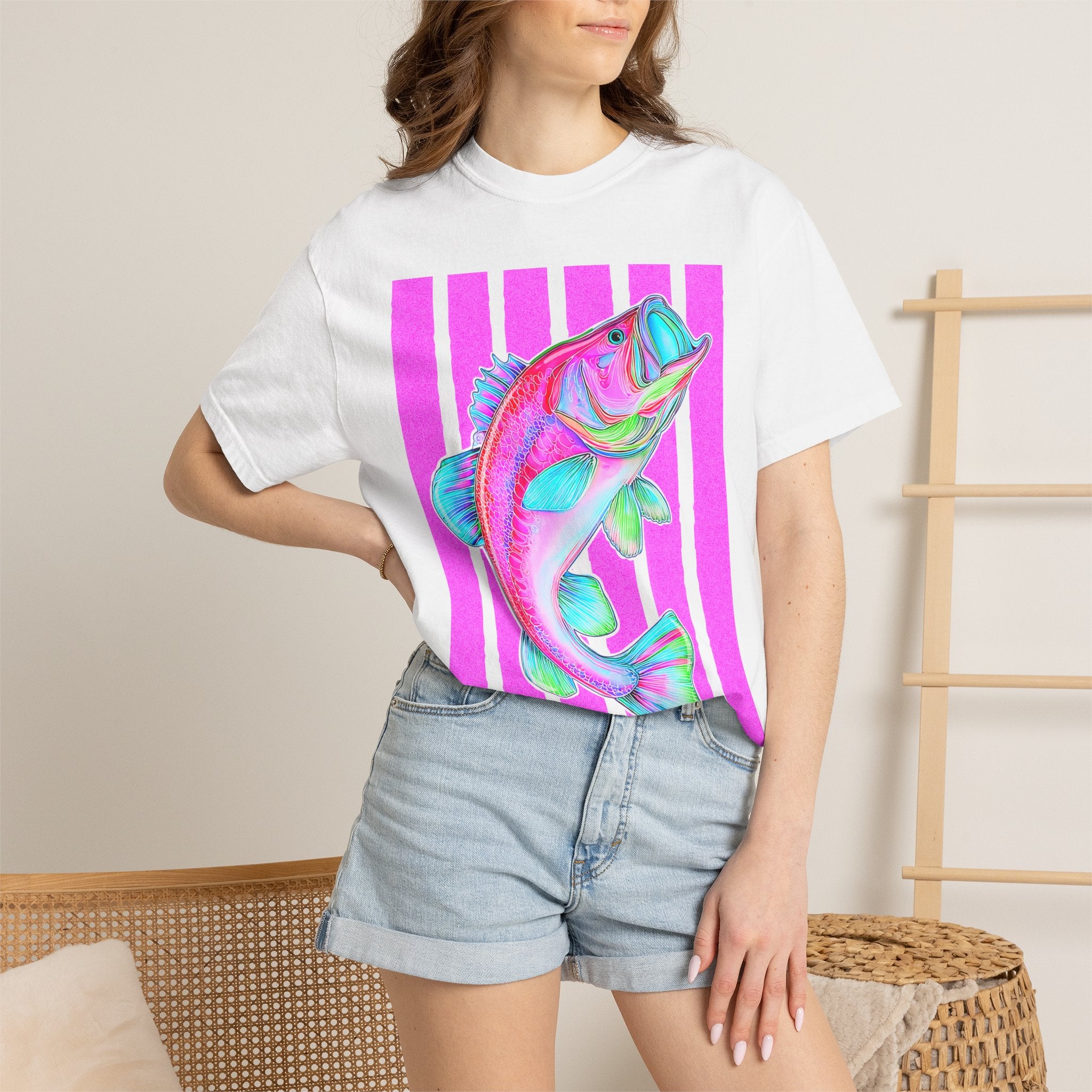 Neon Bass Fish T-Shirt — Retro Pink Stripe Fishing Tee