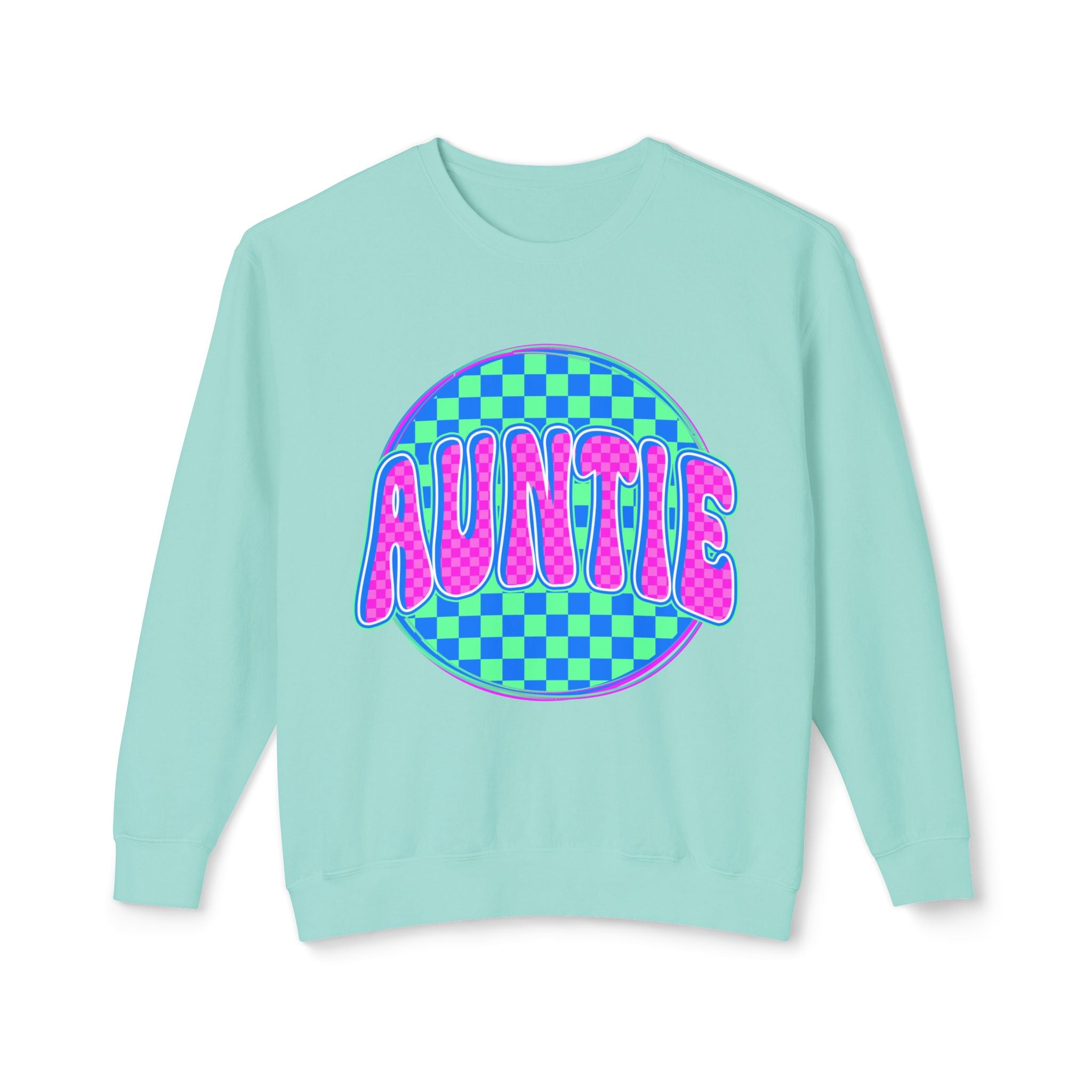 Auntie Graphic Sweatshirt — Retro Checkerboard Neon Design