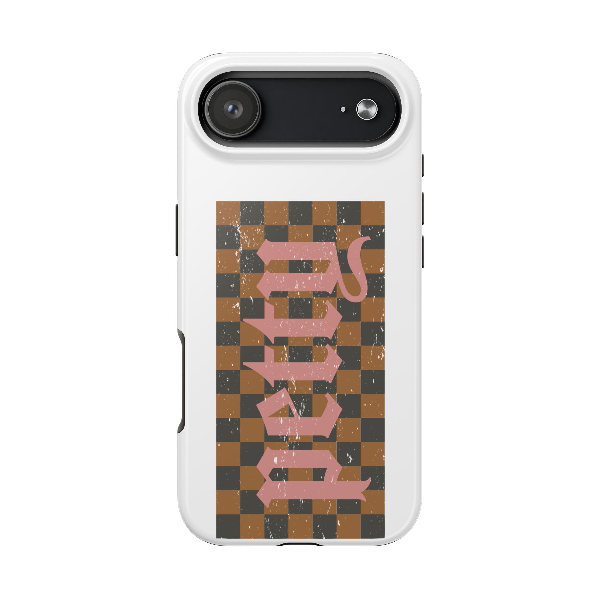 Checkerboard 'Tough' Retro Phone Case — Pink Gothic Text, Grunge Pattern